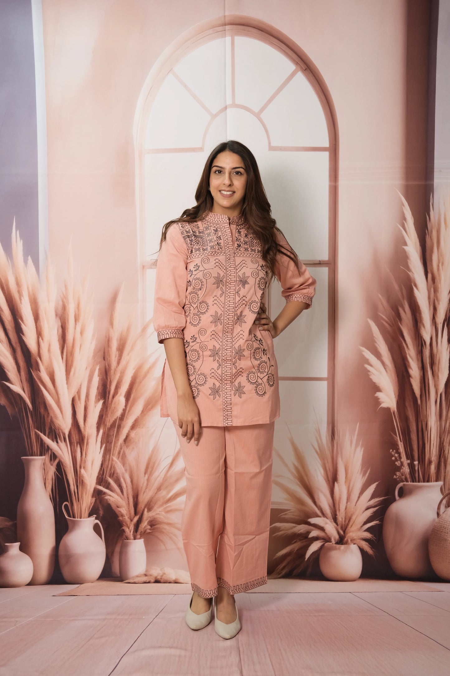 Peach Co-ord Set – Cotton Embroidered Festive Wear for Subtle Sophistication