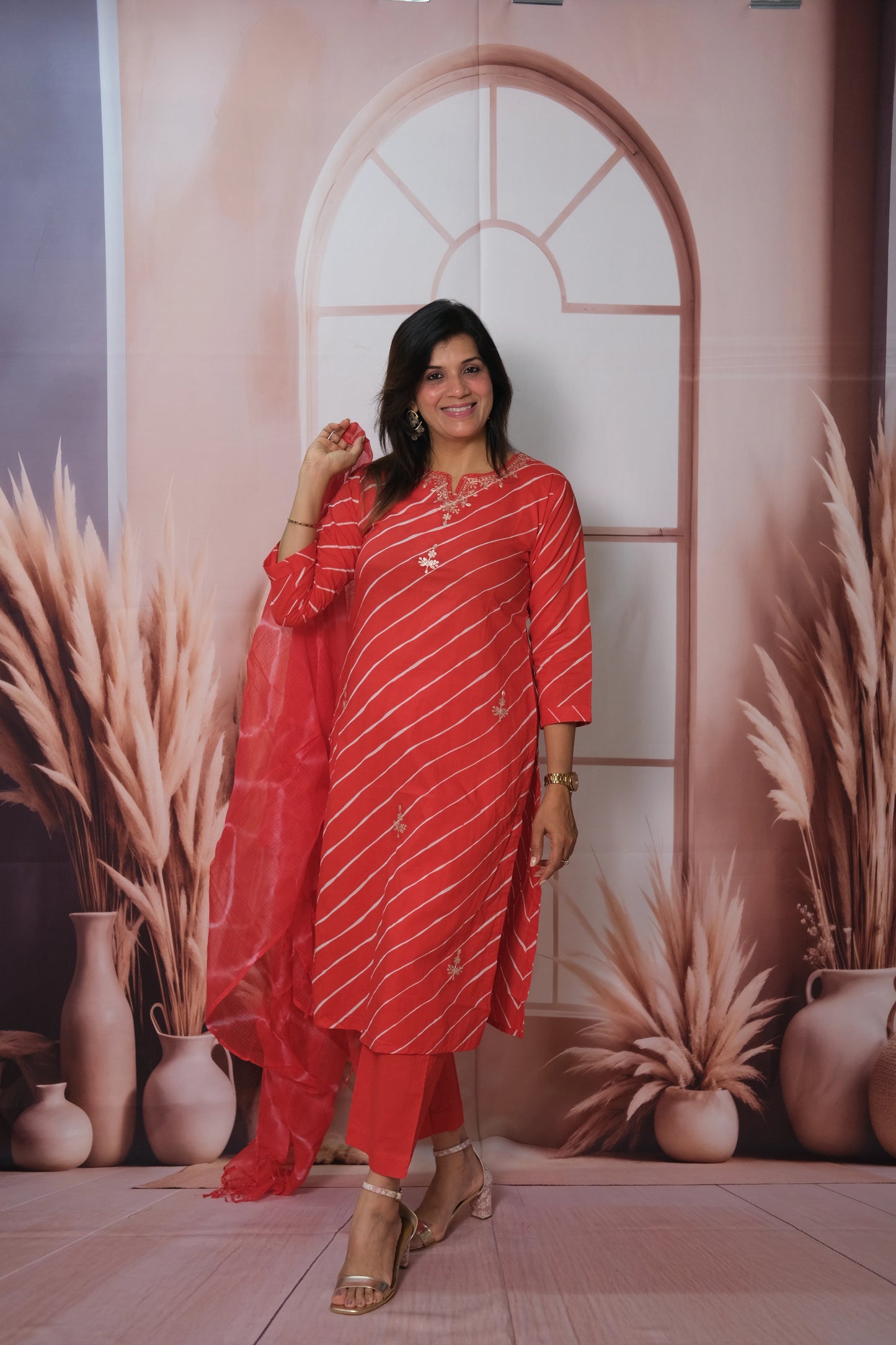 Red Kota Doria Dupatta Set – Soft Cotton Festive Wear with Leheriya Print