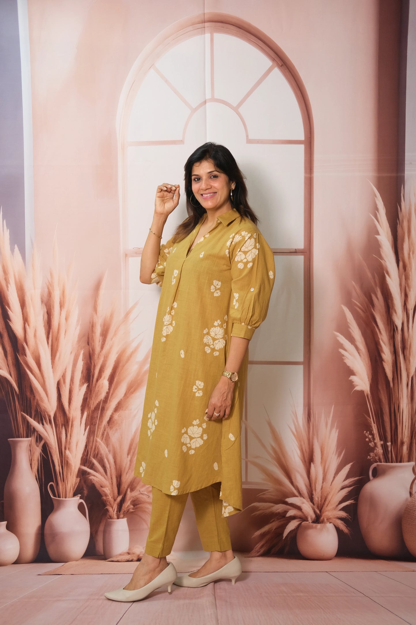 Fawn Yellow Top Bottom Pair – Printed Khadi Cotton Festive Wear for Effortless Grace