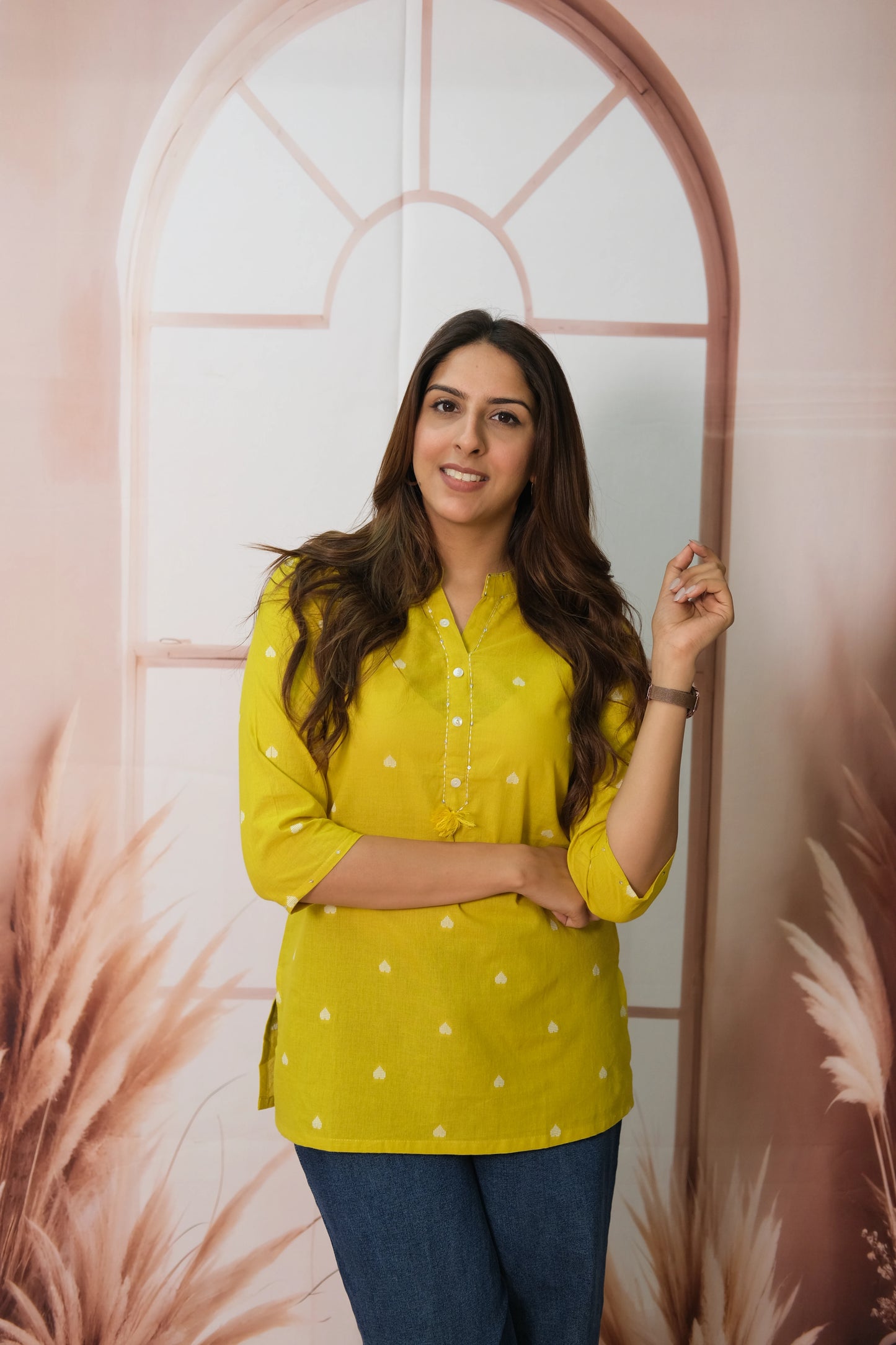 Yellow Short Top – Khadi Cotton Daily Wear with Thread Design Detail