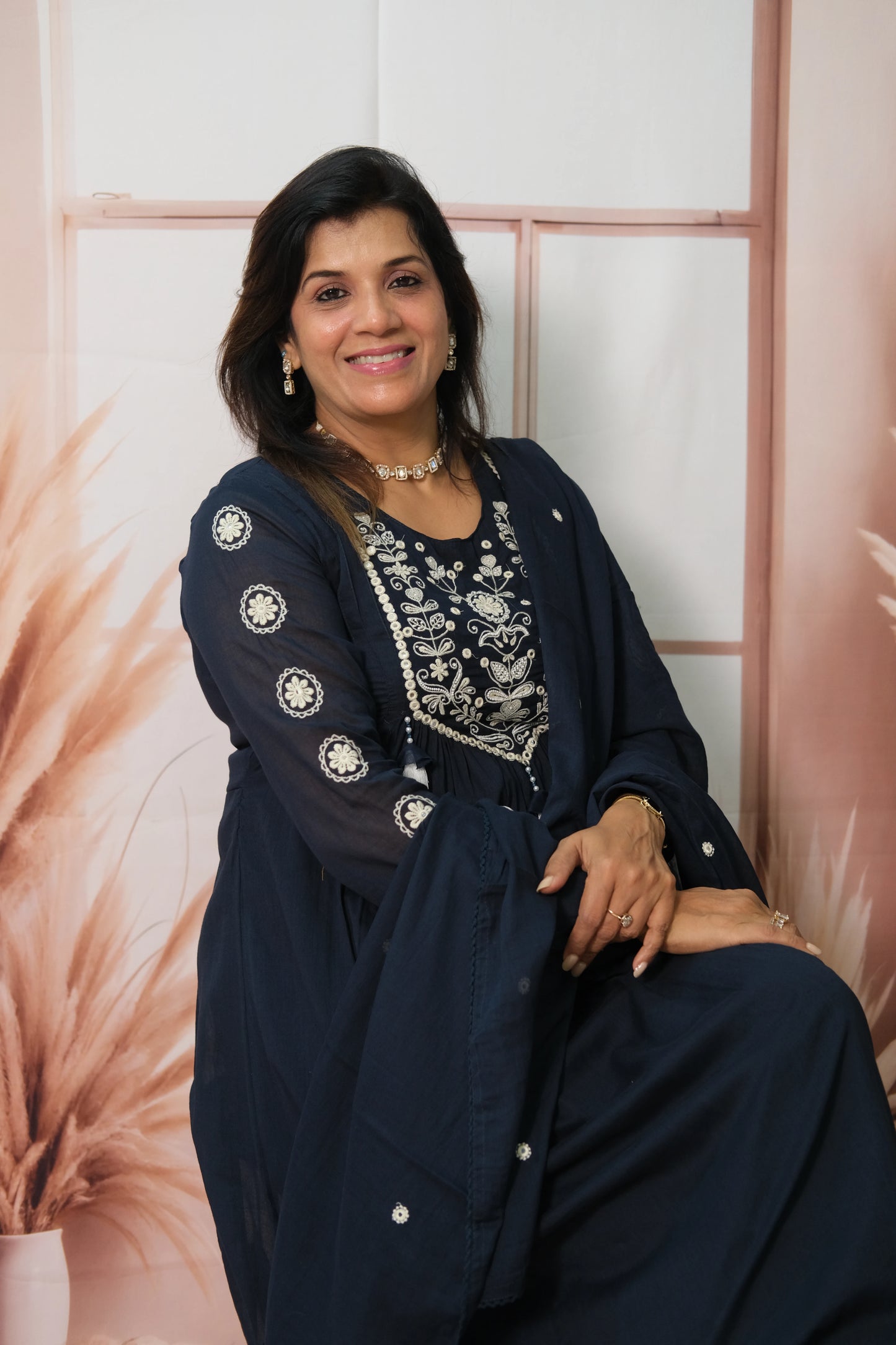 Dark Blue A-Line Dupatta Set in Mul Cotton with Embroidery – Timeless Festive Elegance