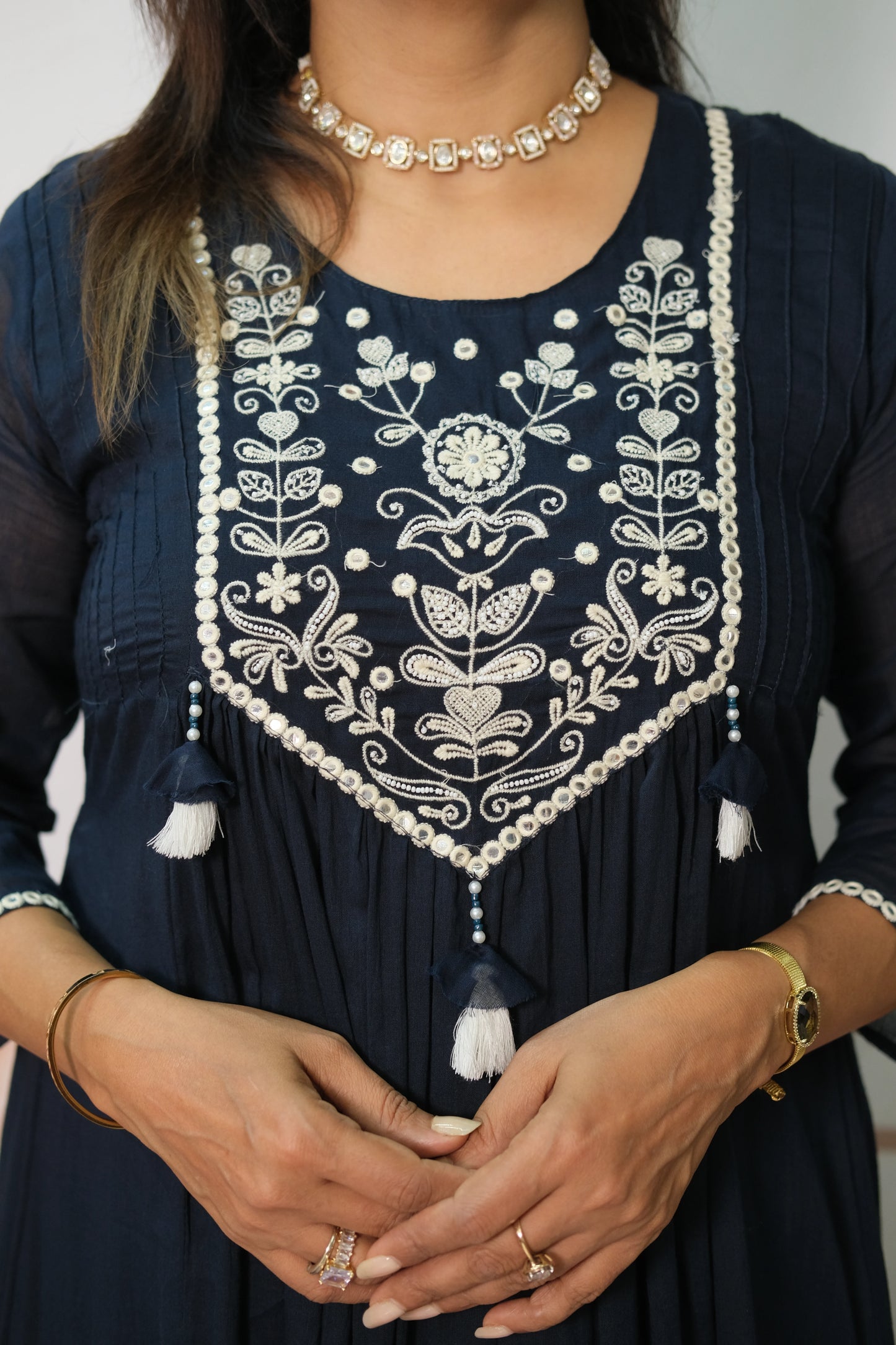 Dark Blue A-Line Dupatta Set in Mul Cotton with Embroidery – Timeless Festive Elegance