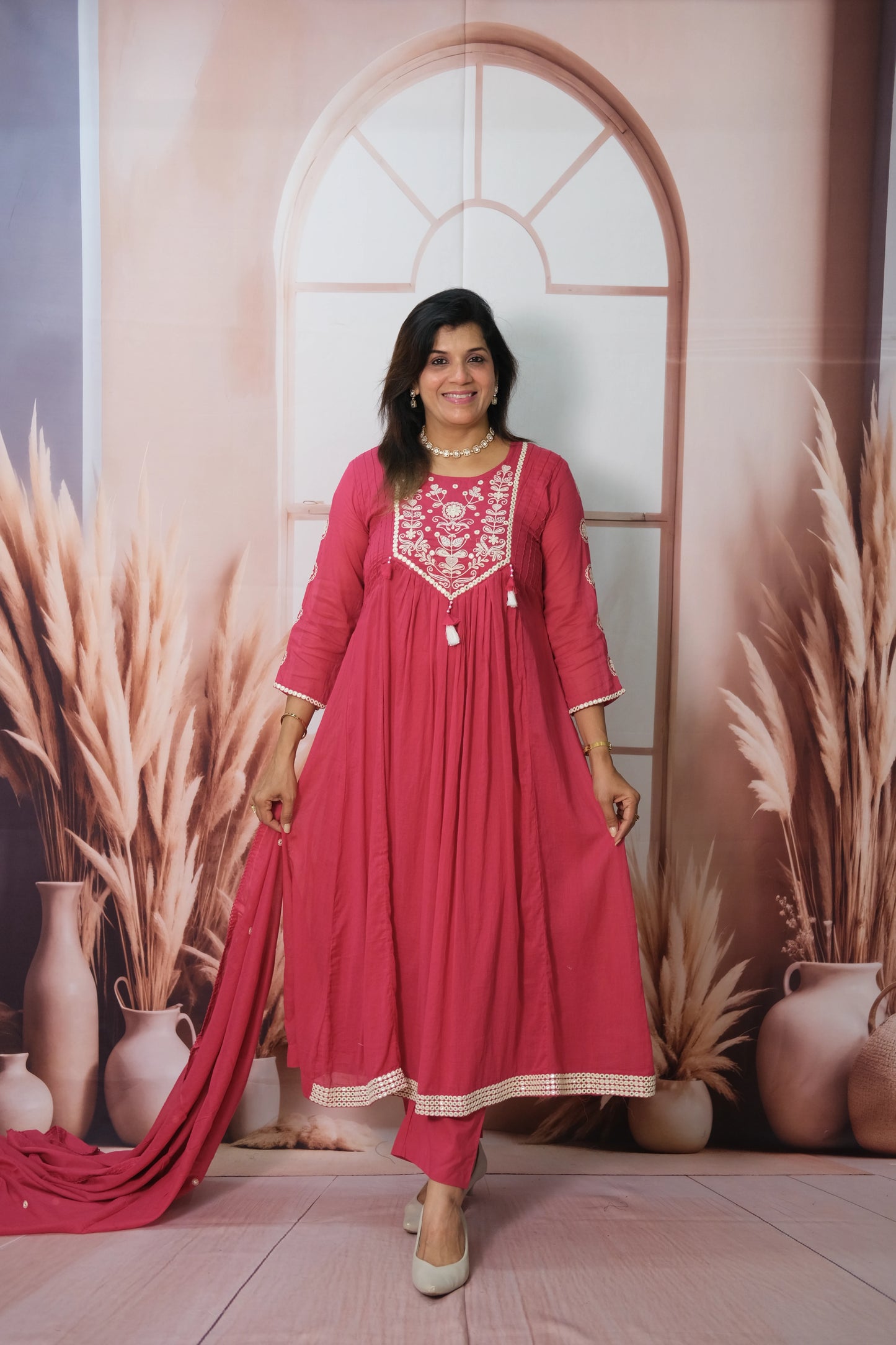 Rani Pink A-Line Dupatta Set in Mul Cotton with Embroidery – Timeless Festive Elegance