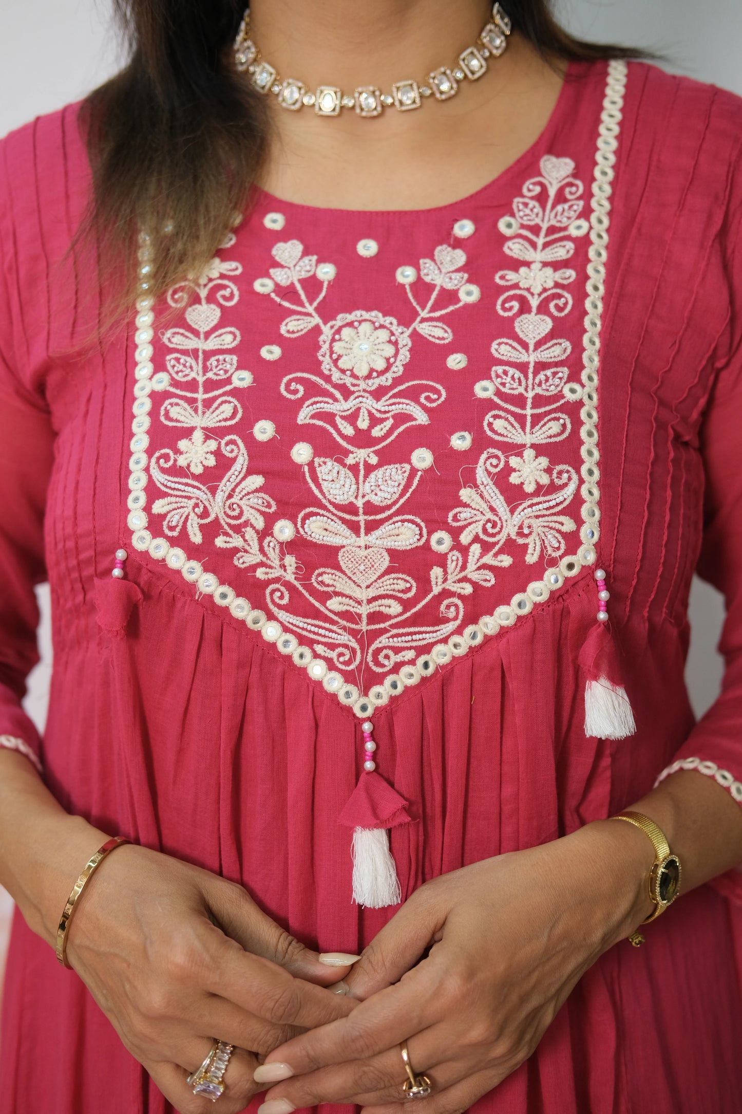 Rani Pink A-Line Dupatta Set in Mul Cotton with Embroidery – Timeless Festive Elegance