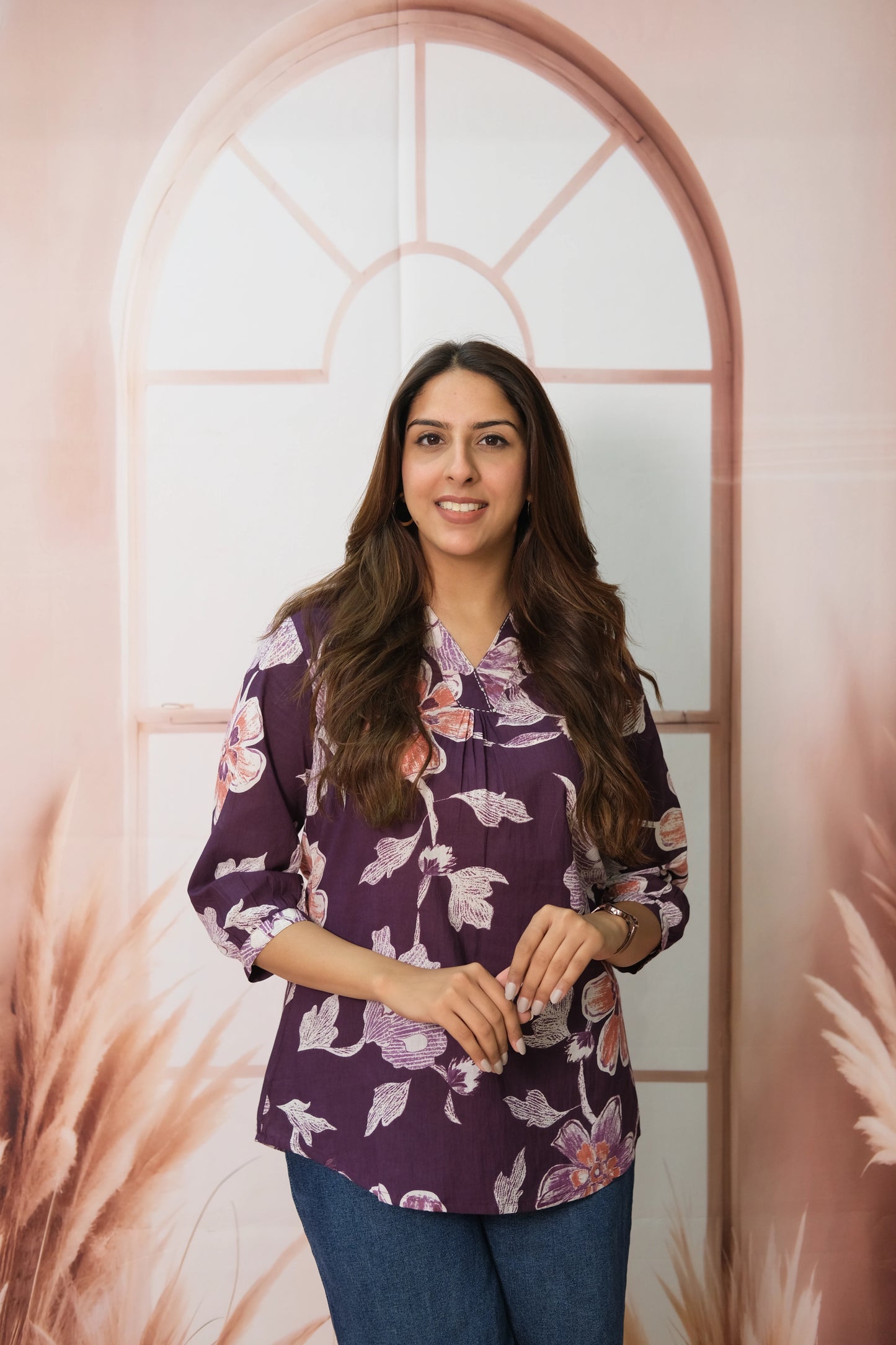 Purple Short Top – Soft Cotton Daily Wear with Printed Elegance