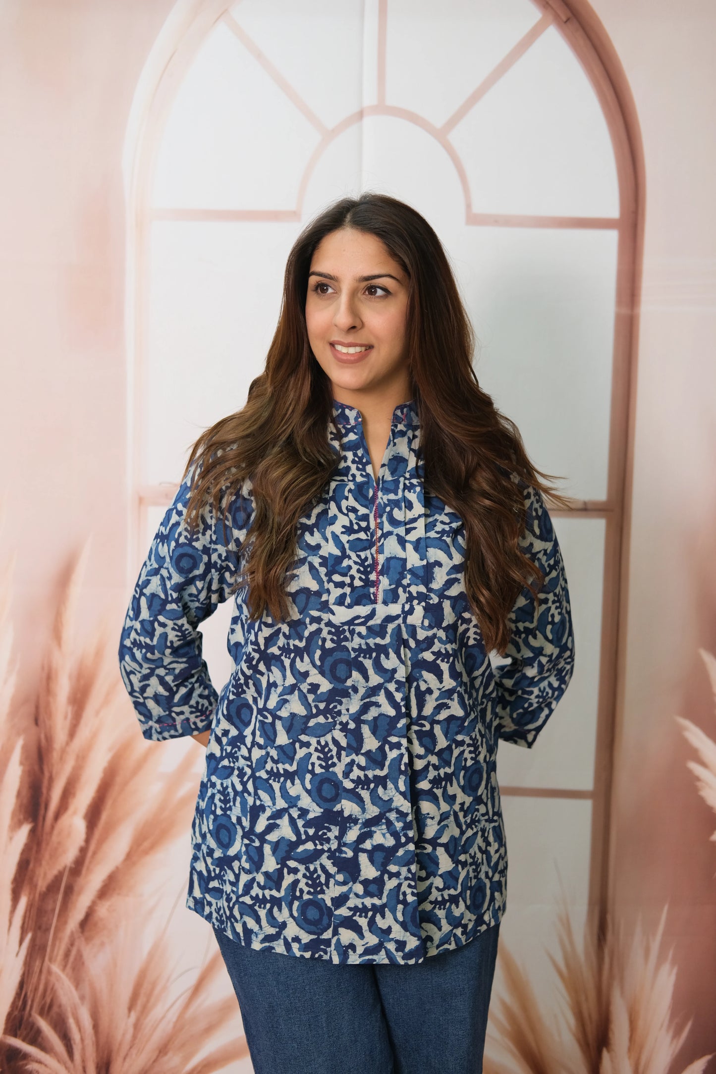 Indigo Blue Short Top – Cotton Daily Wear with Classic Printed Detail