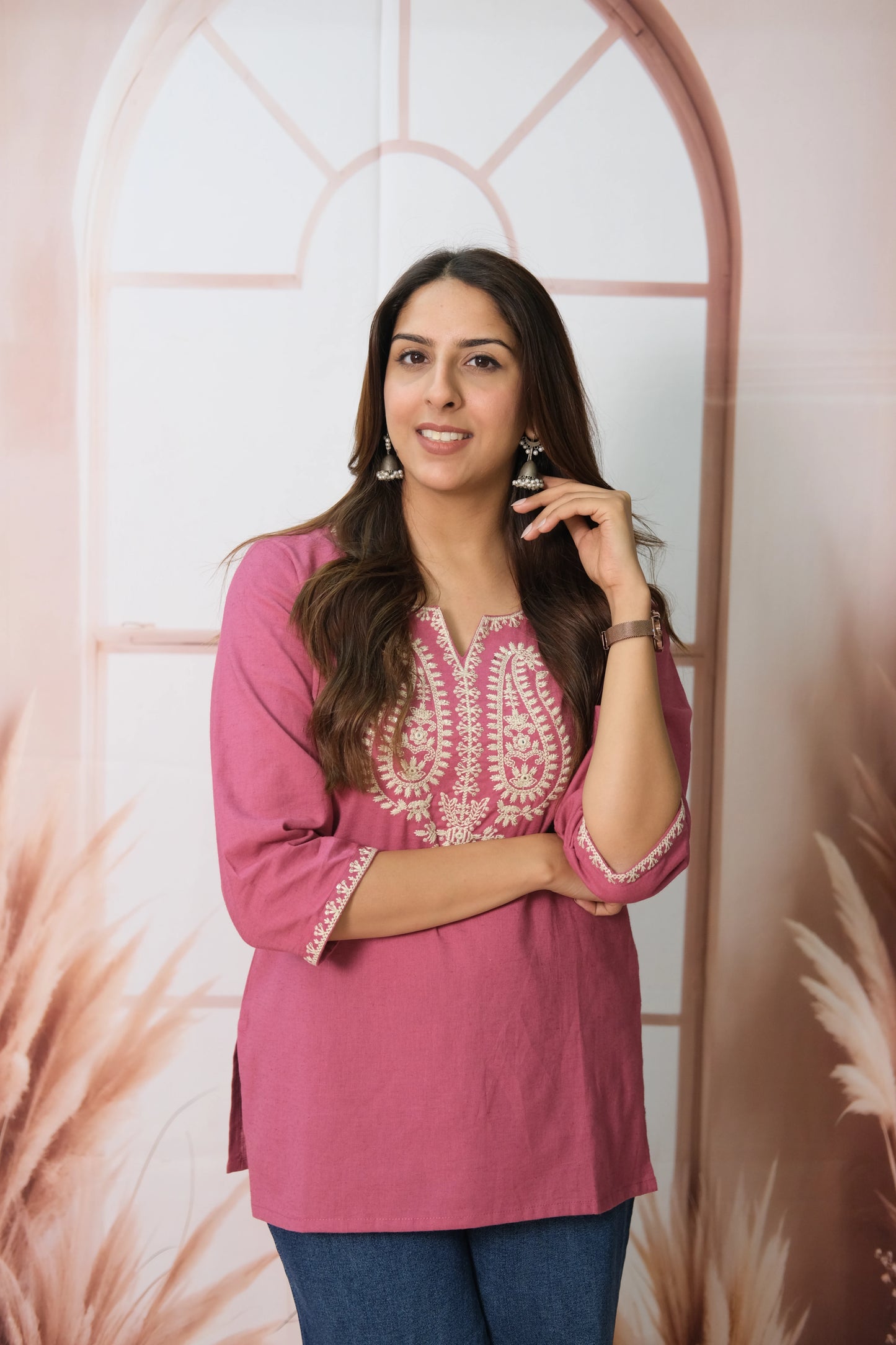Pink Short Top – Flex Cotton Daily Wear with Lucknowi Work