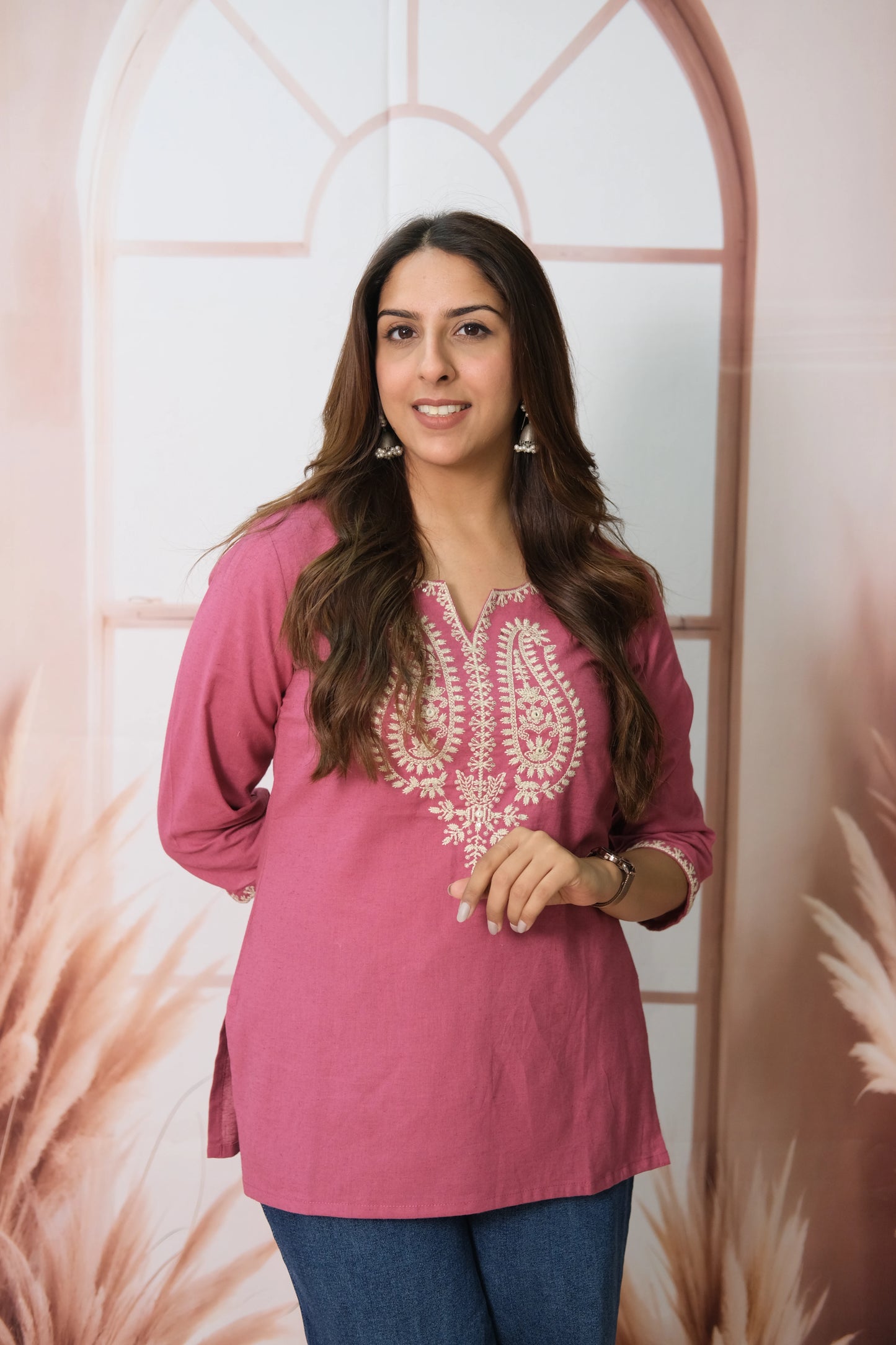 Pink Short Top – Flex Cotton Daily Wear with Lucknowi Work