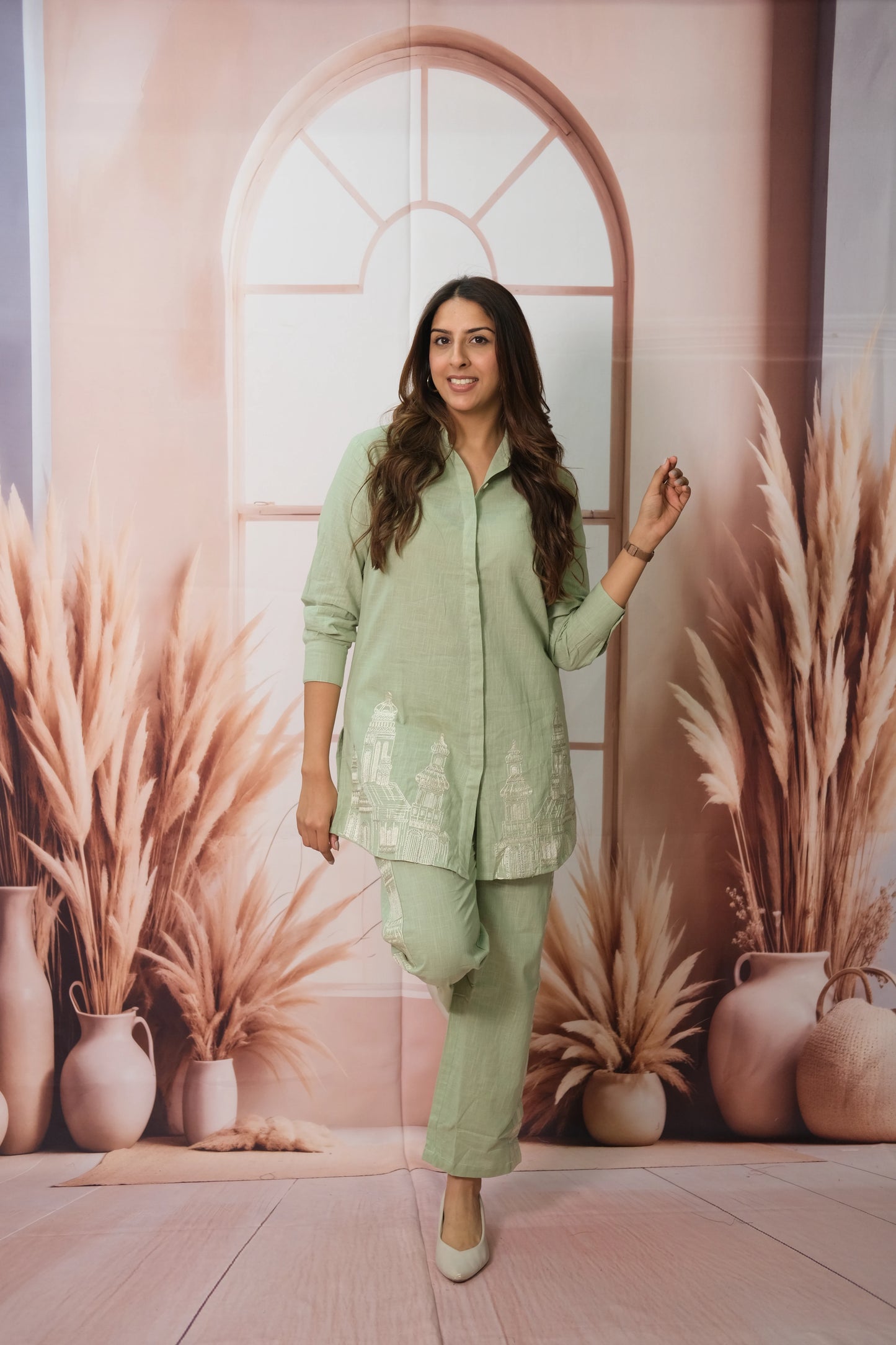 Mint Green Co-ord Set in Flex Cotton with Thread Embroidery – Effortless Everyday Elegance