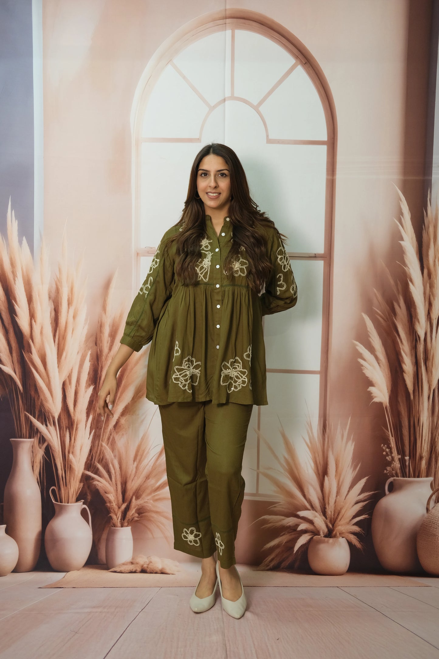 Olive Green Co-ord Set in Rayon with Embroidery – Luxe Comfort Wear for the Modern Muse