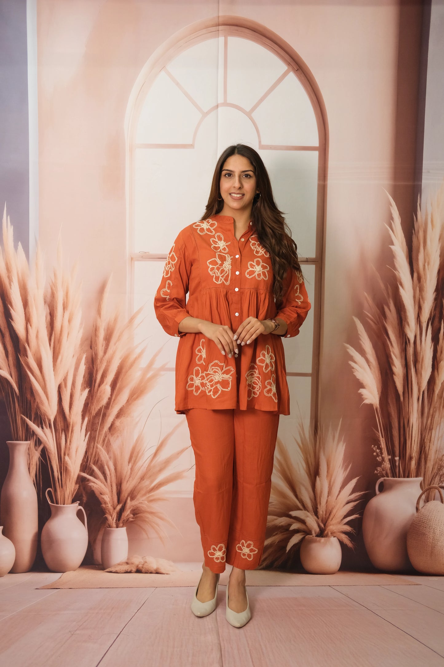 Rust Co-ord Set in Rayon with Embroidery – Luxe Comfort Wear for the Modern Muse