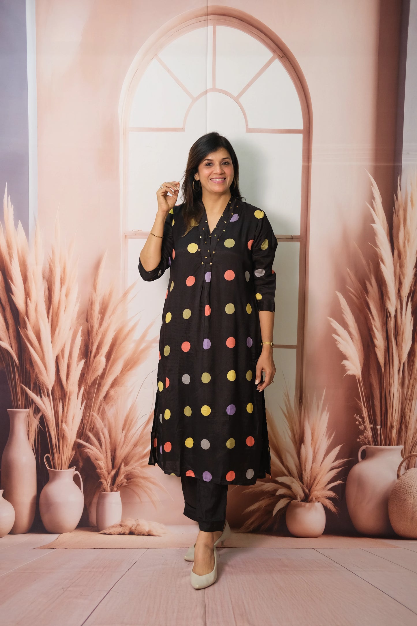 Black Kurta Pant Set in Muslin with Polka Dot Print – Modern Ethnic Elegance