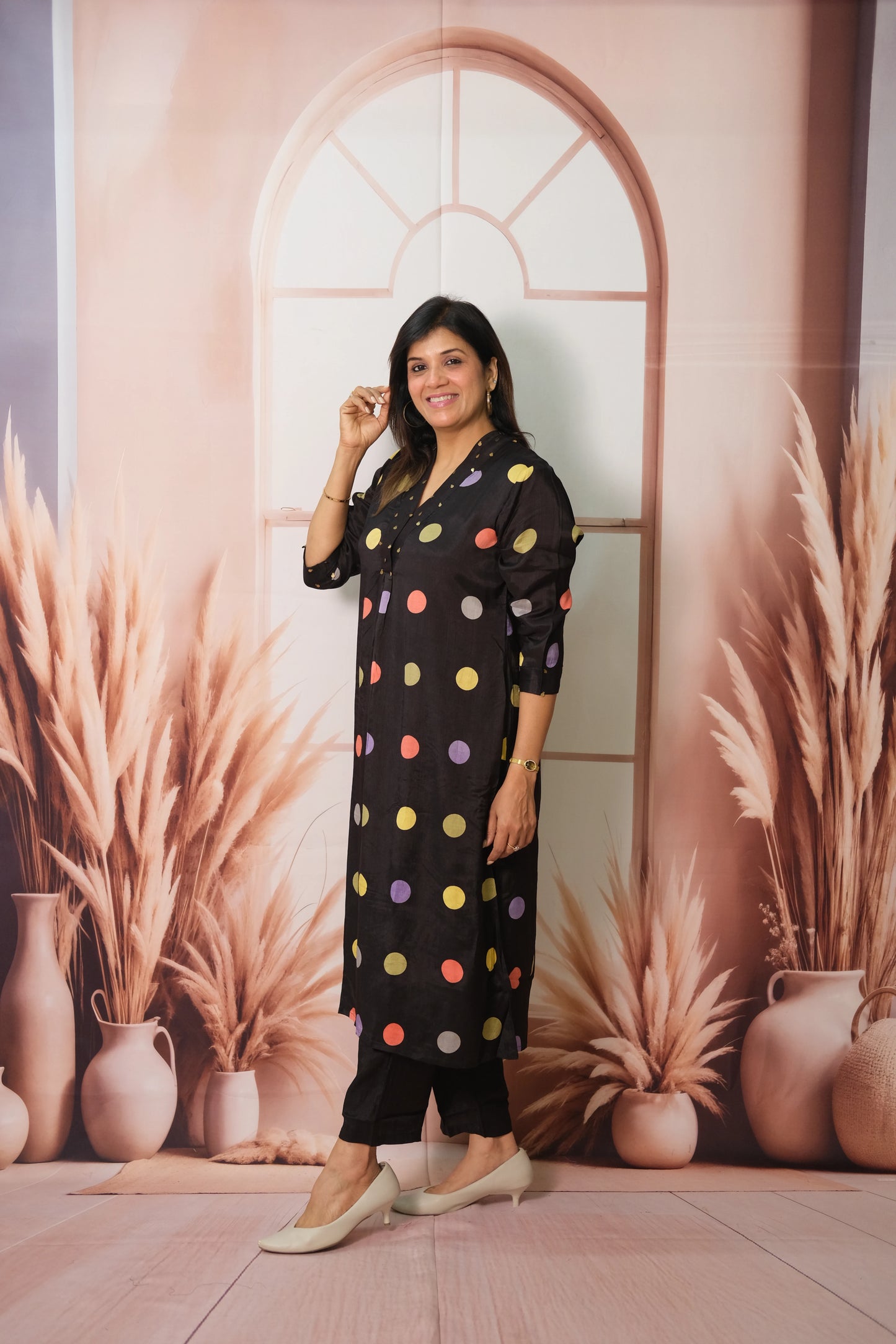Black Kurta Pant Set in Muslin with Polka Dot Print – Modern Ethnic Elegance