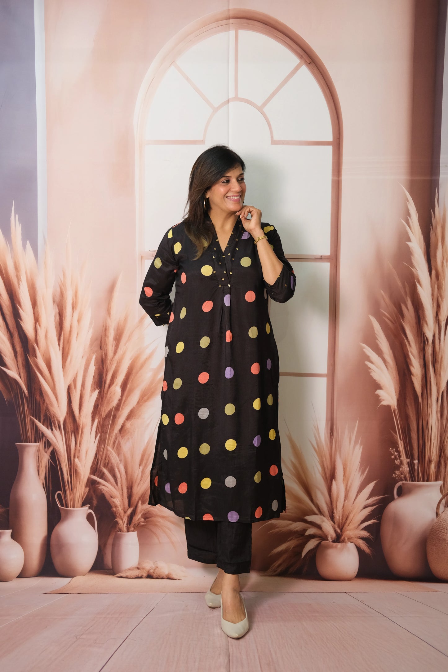 Black Kurta Pant Set in Muslin with Polka Dot Print – Modern Ethnic Elegance
