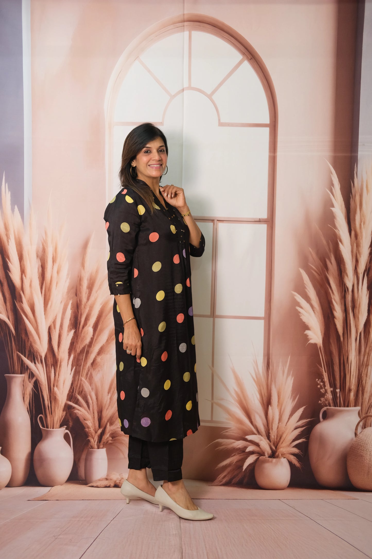 Black Kurta Pant Set in Muslin with Polka Dot Print – Modern Ethnic Elegance