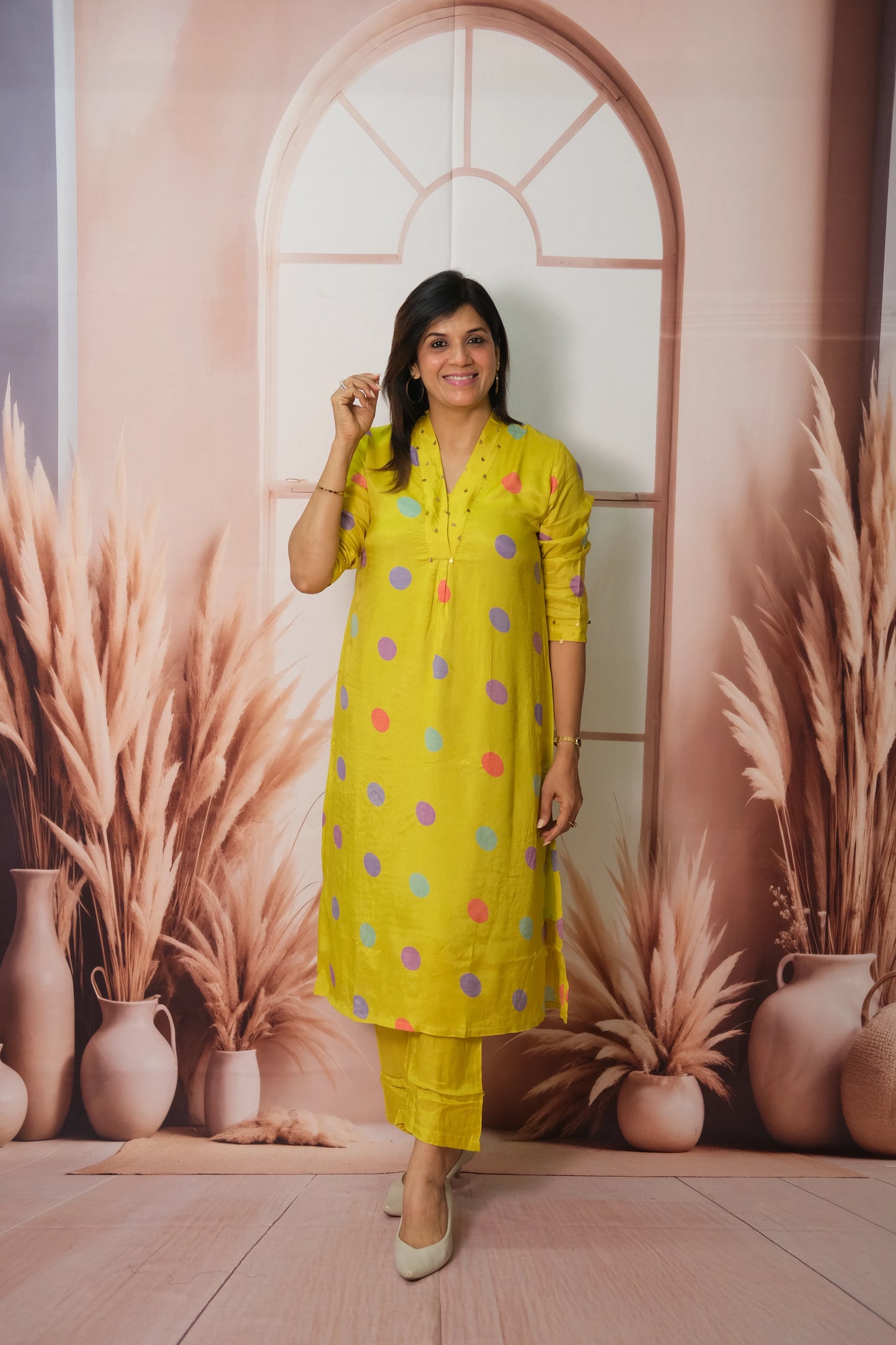 Lemon Yellow Pant Set in Muslin with Polka Dot Print – Modern Ethnic Elegance