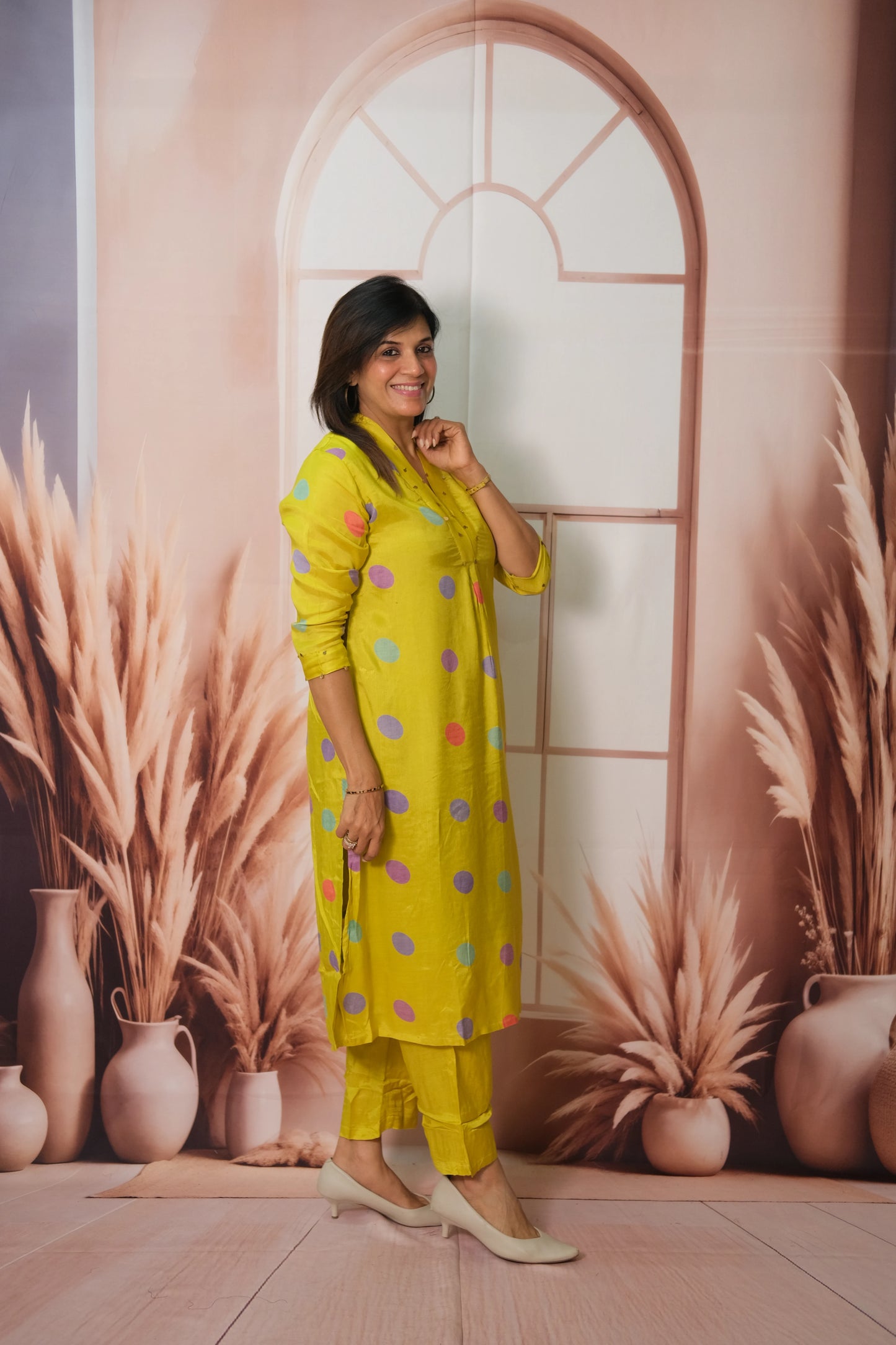 Lemon Yellow Pant Set in Muslin with Polka Dot Print – Modern Ethnic Elegance