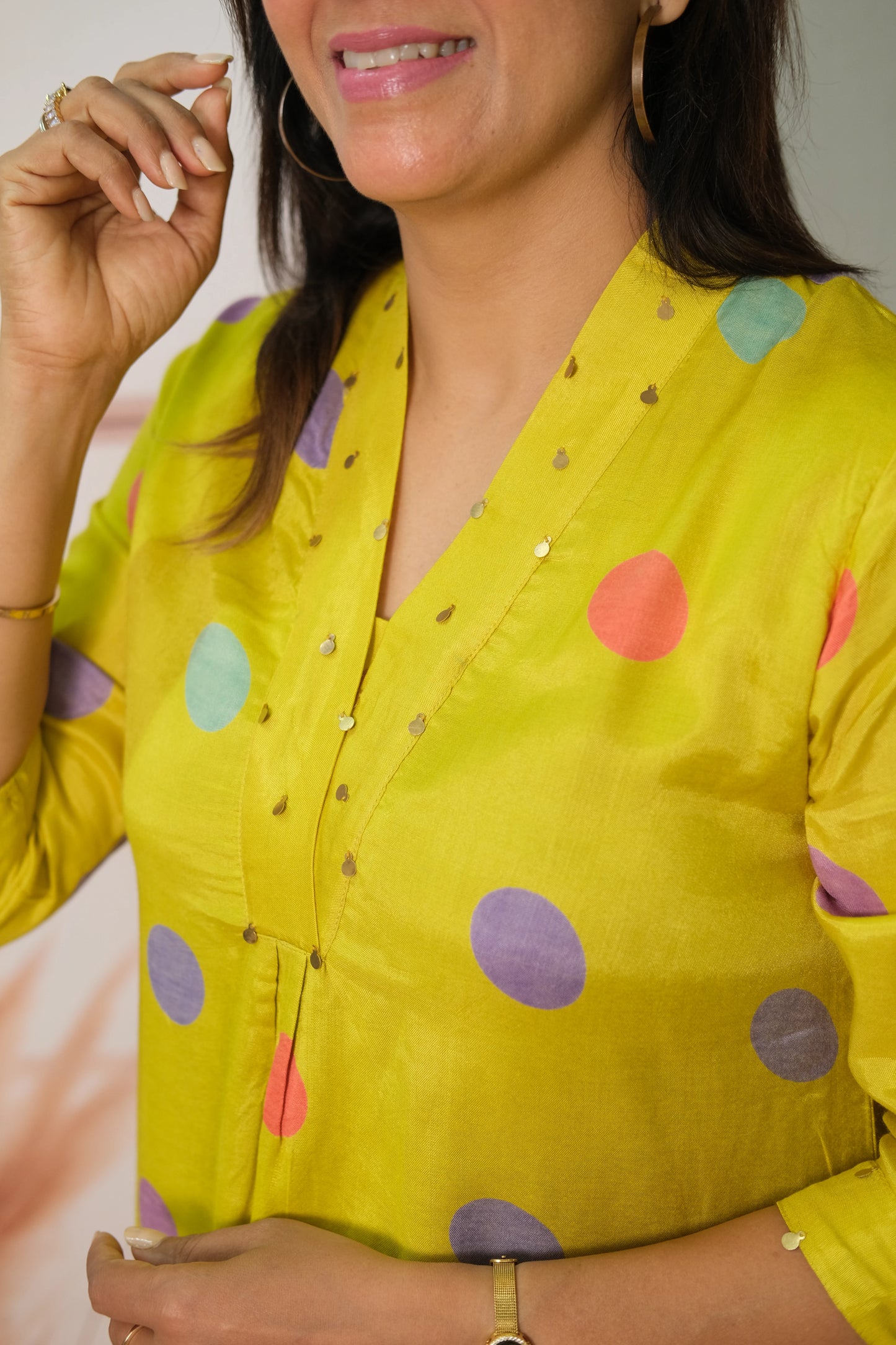 Lemon Yellow Pant Set in Muslin with Polka Dot Print – Modern Ethnic Elegance