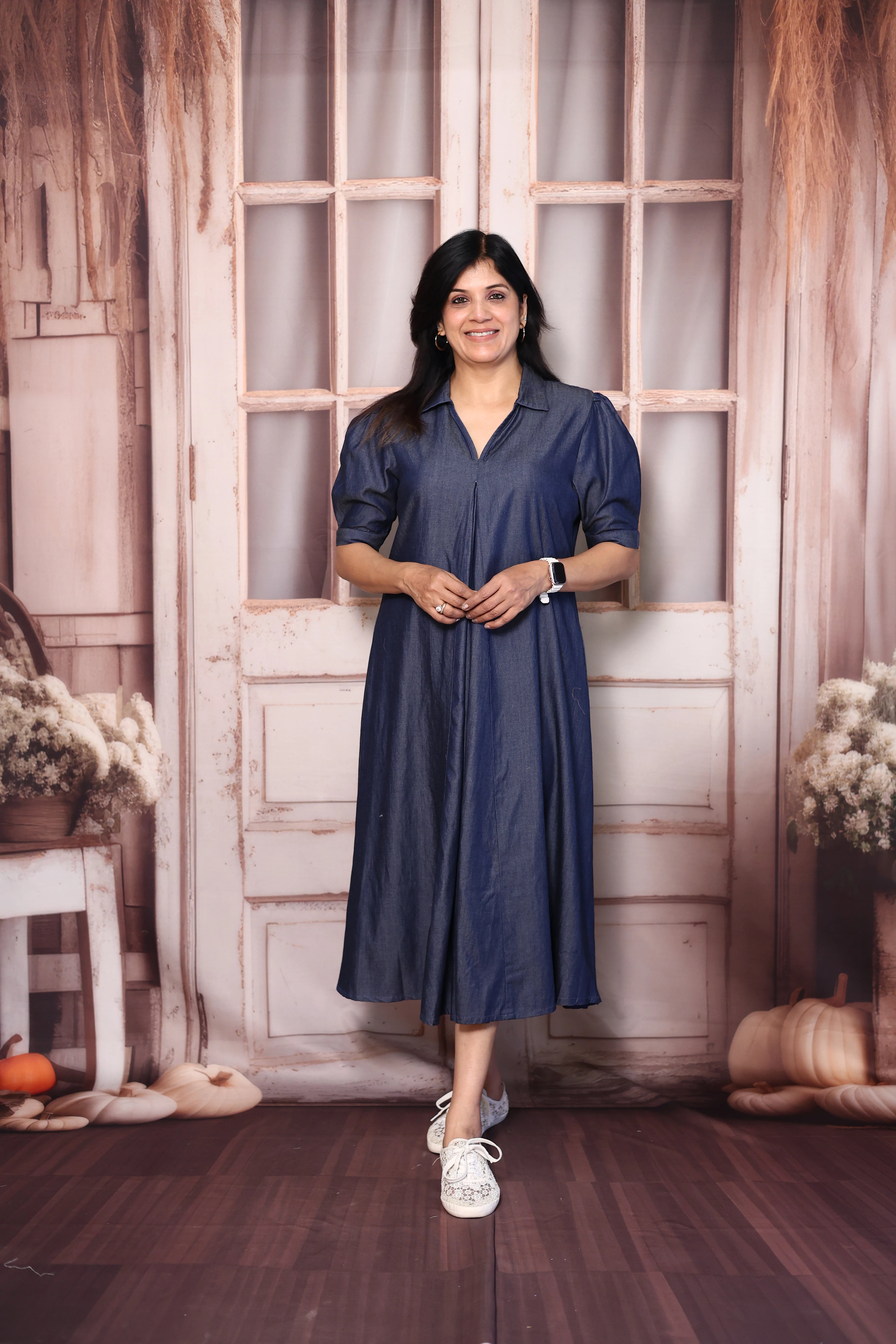 Navy Blue Soft Denim One Piece Dress