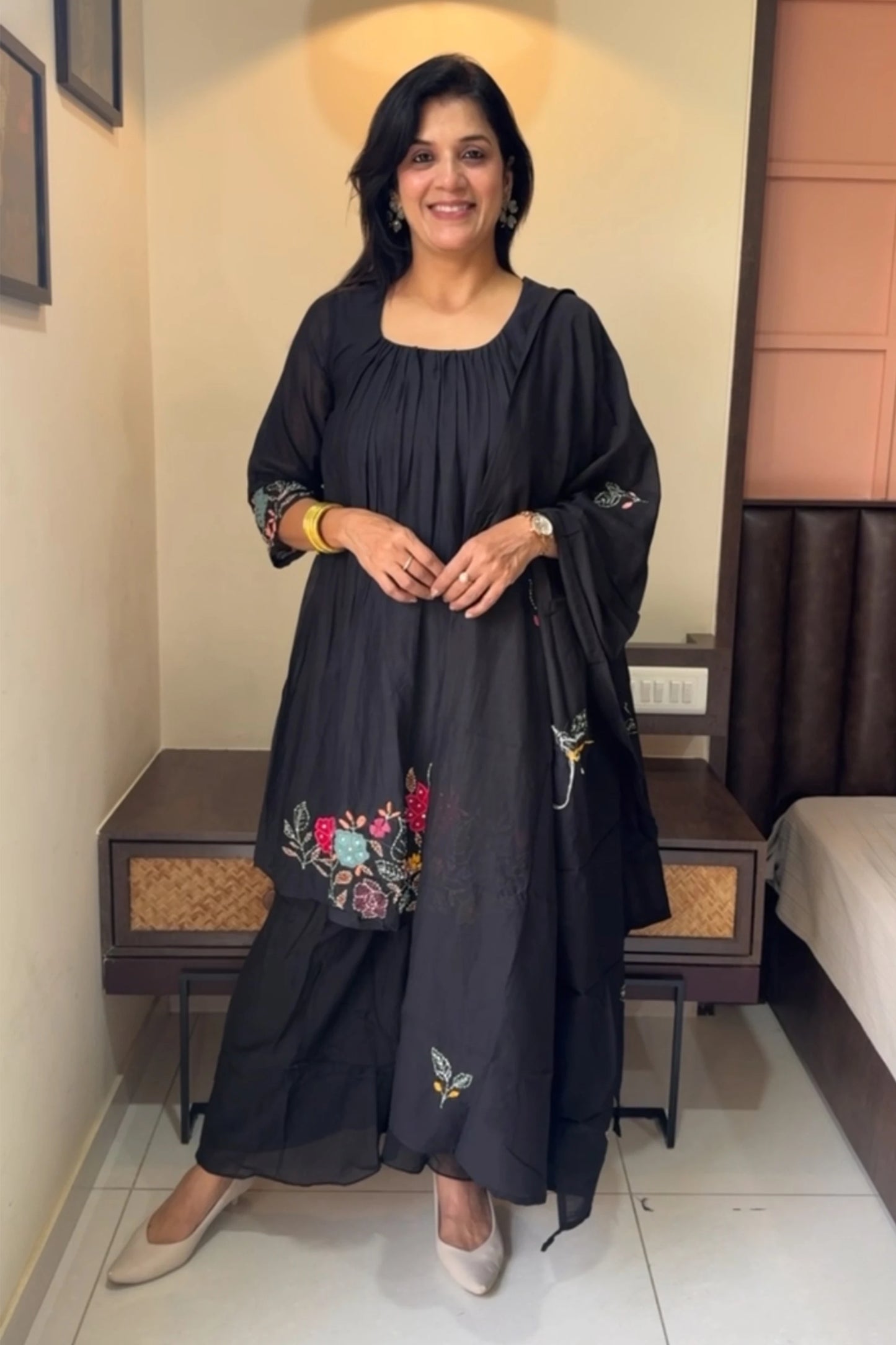 Jet Black Knee-Length Kurta Dupatta Set | Mul Chanderi | Katha Work & Appliqué Flowers