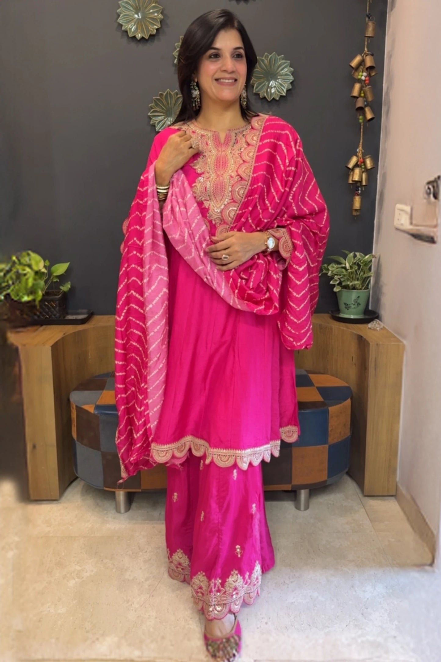 Hot Pink Pure Silk Sharara Set | Golden Adda (Aari) Work