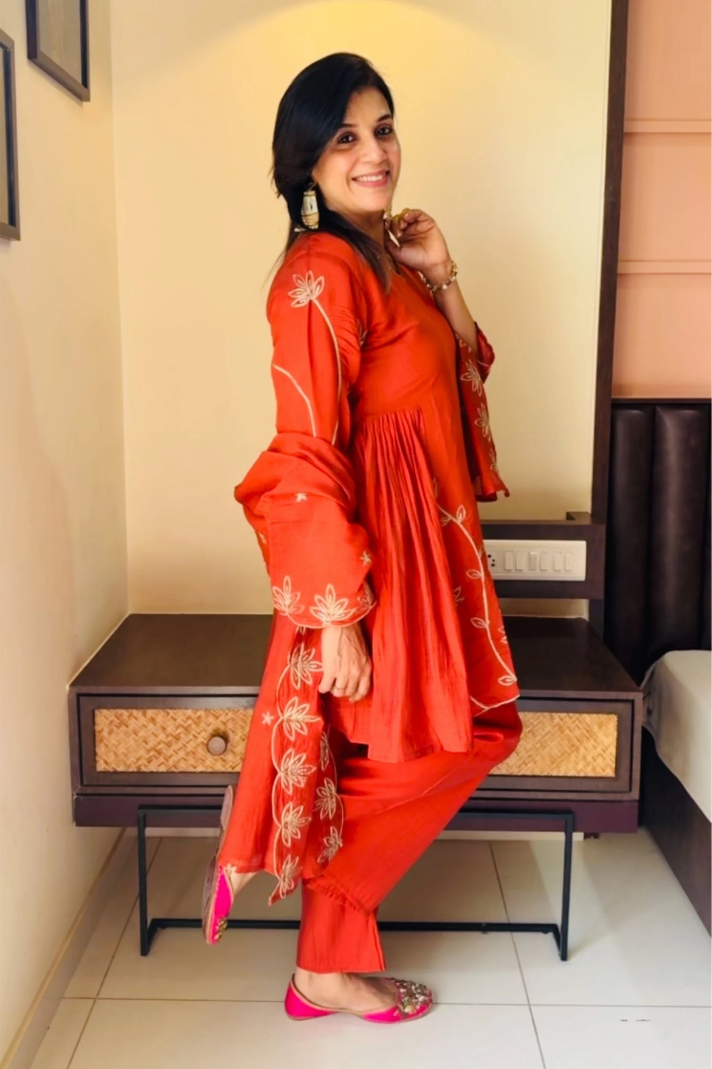 Burnt Orange Mul Chanderi Plazo Suit Set | Golden Adda (Aari) Work