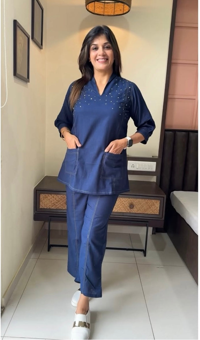 Classic Denim Blue Co-ord Set with Stylish Stud Work | Cotton Fabric