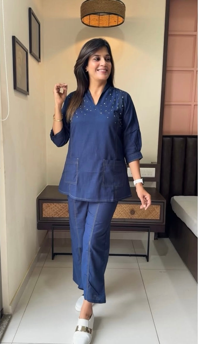 Classic Denim Blue Co-ord Set with Stylish Stud Work | Cotton Fabric