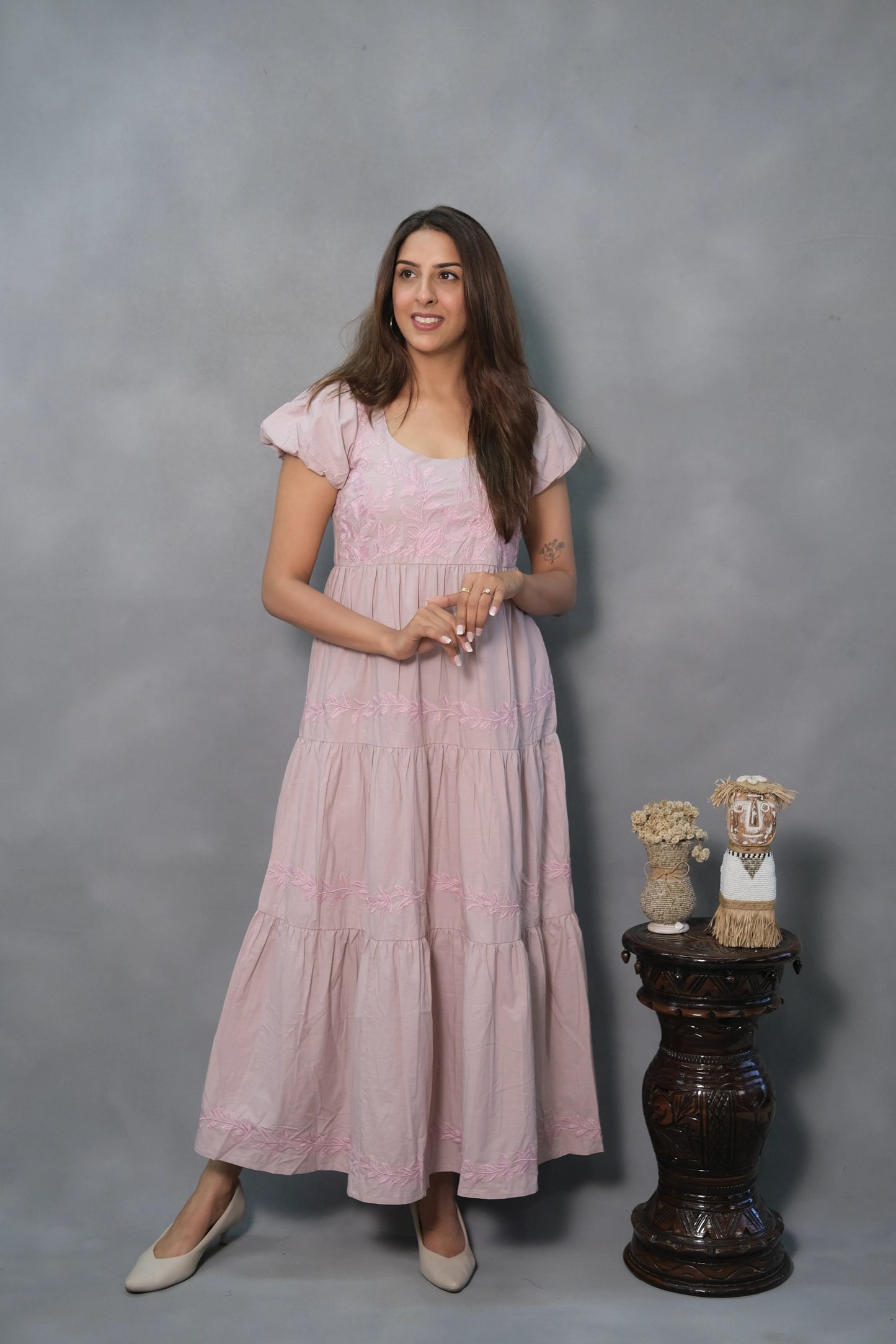 Pink Embroidered One-Piece Cotton Dress – Elegant & Chic