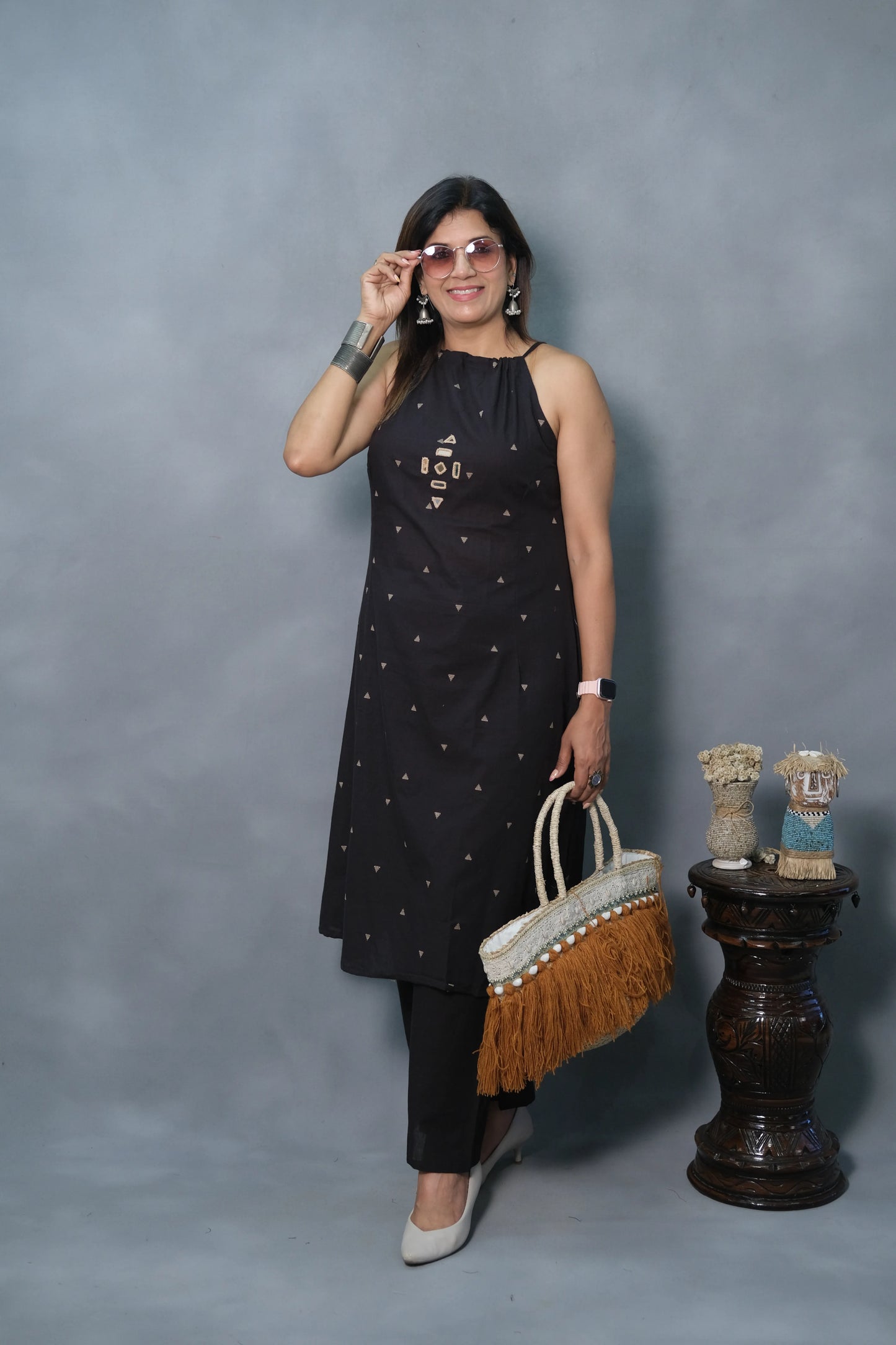 Black Spaghetti Kurta Set with Mirror Work | Soft Cotton
