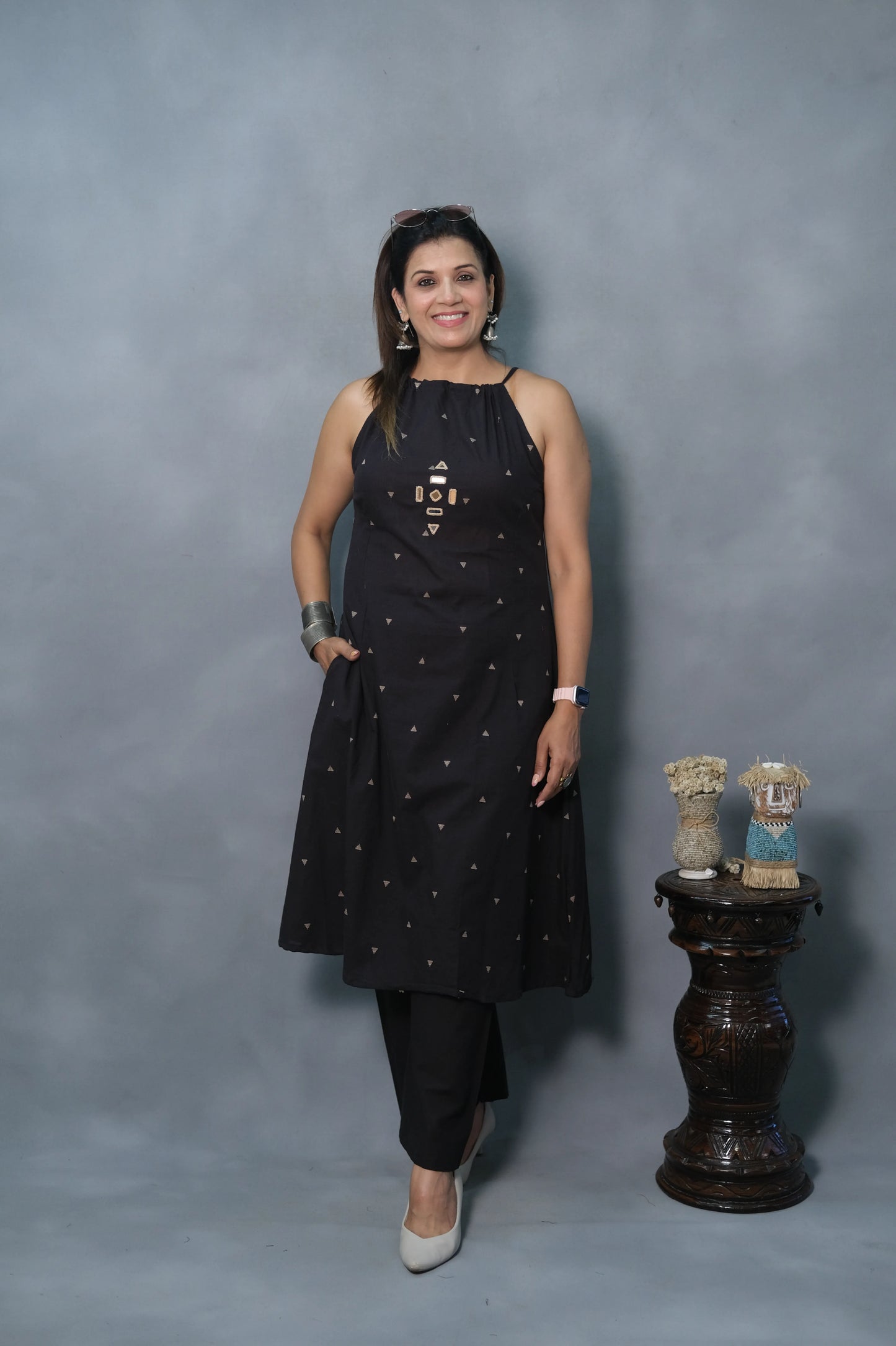 Black Spaghetti Kurta Set with Mirror Work | Soft Cotton