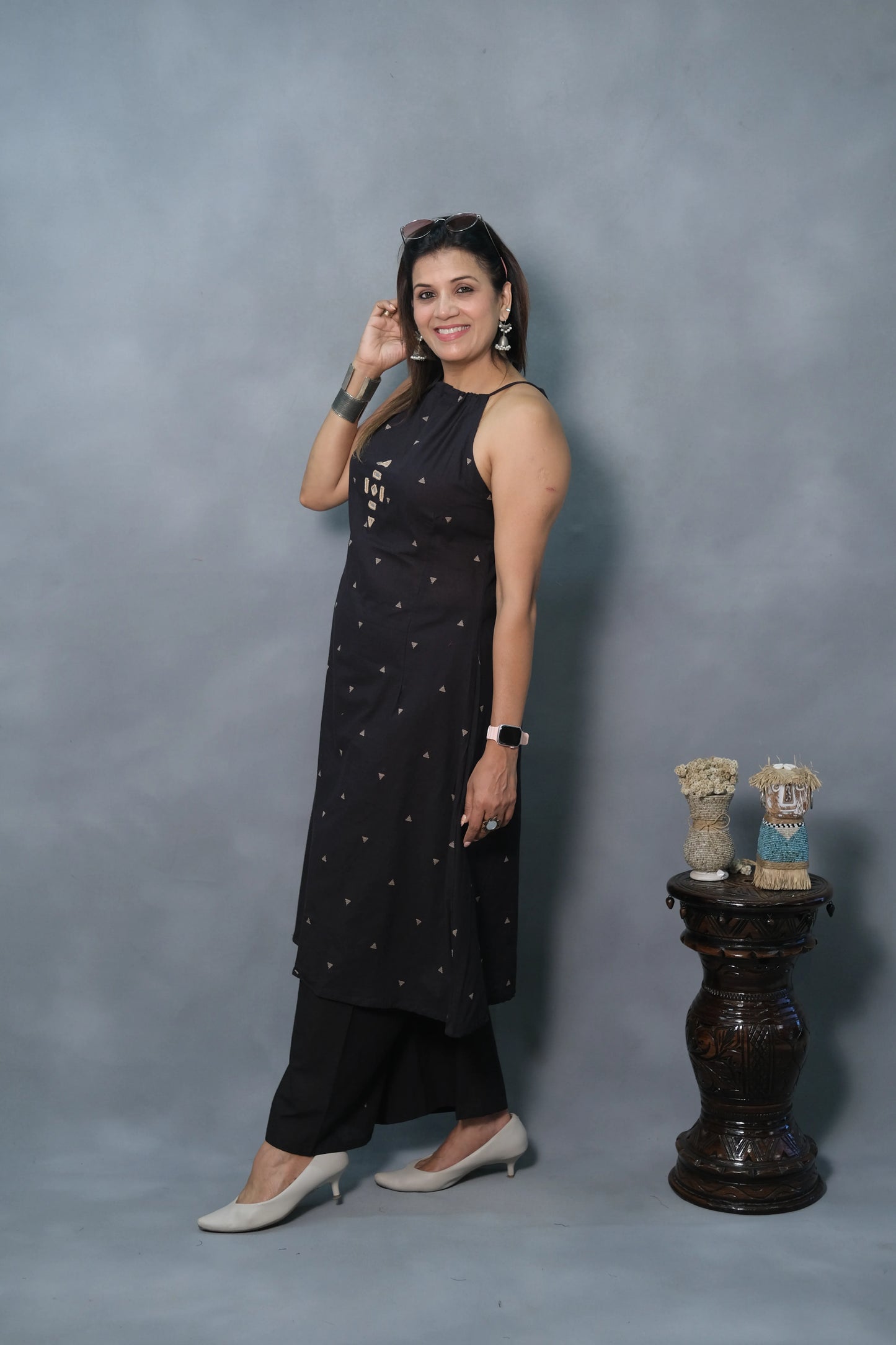 Black Spaghetti Kurta Set with Mirror Work | Soft Cotton