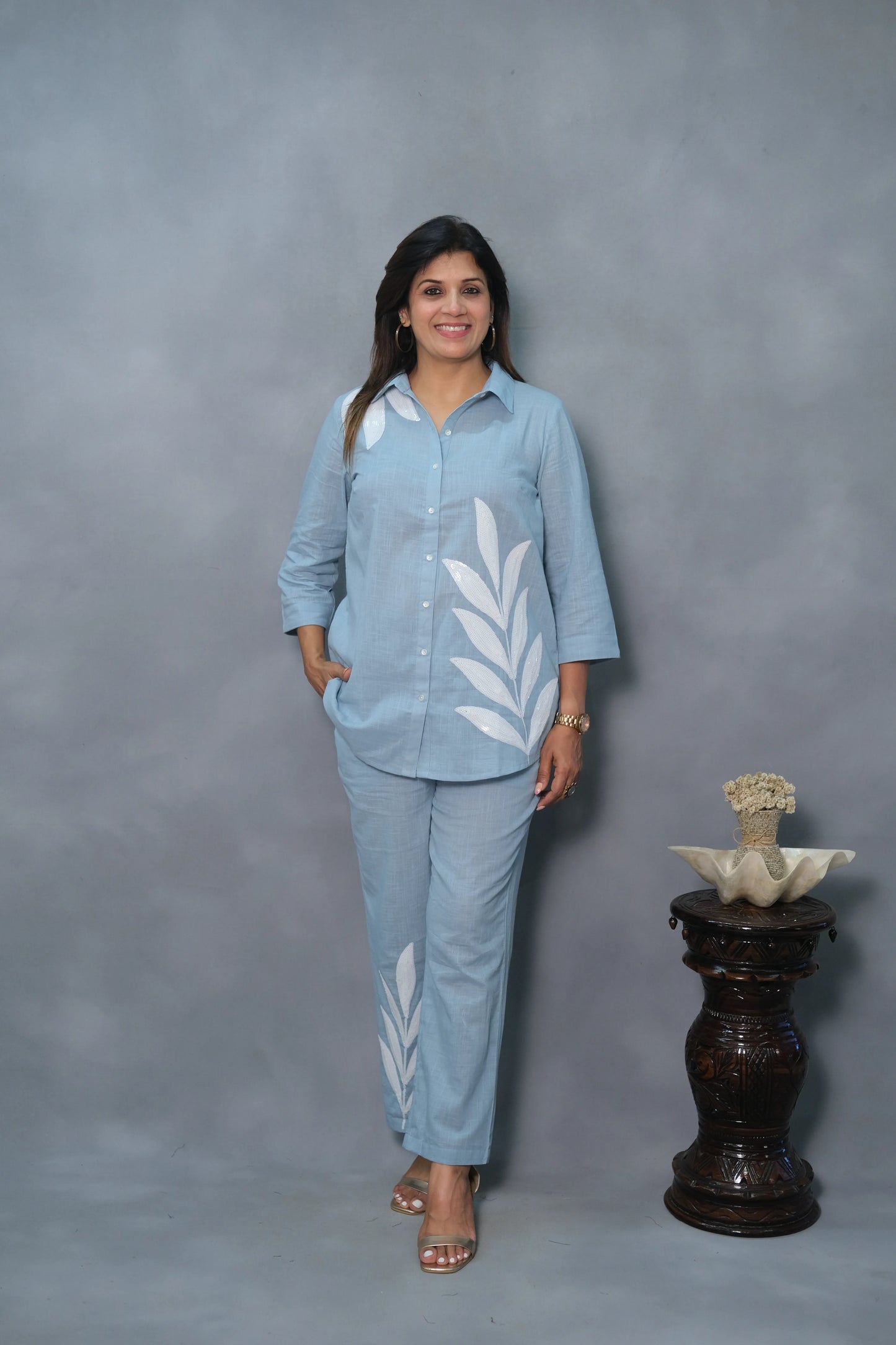 Powder Blue Co-Ord Set with White Sequins Work | Slub Cotton