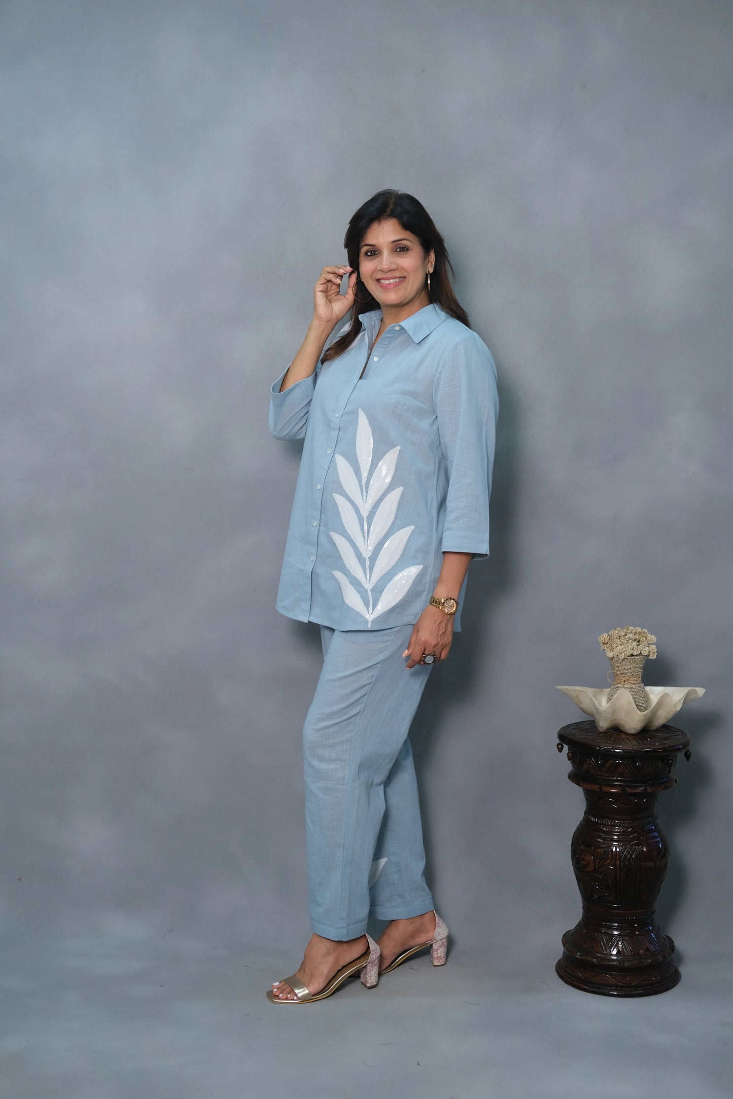 Powder Blue Co-Ord Set with White Sequins Work | Slub Cotton