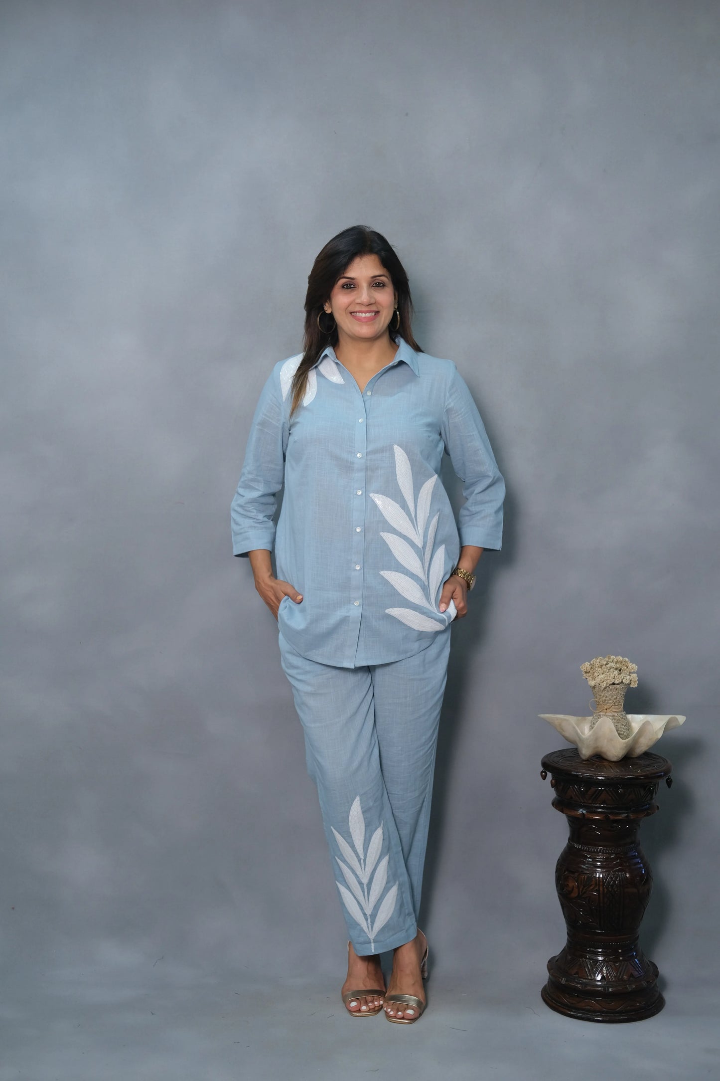 Powder Blue Co-Ord Set with White Sequins Work | Slub Cotton