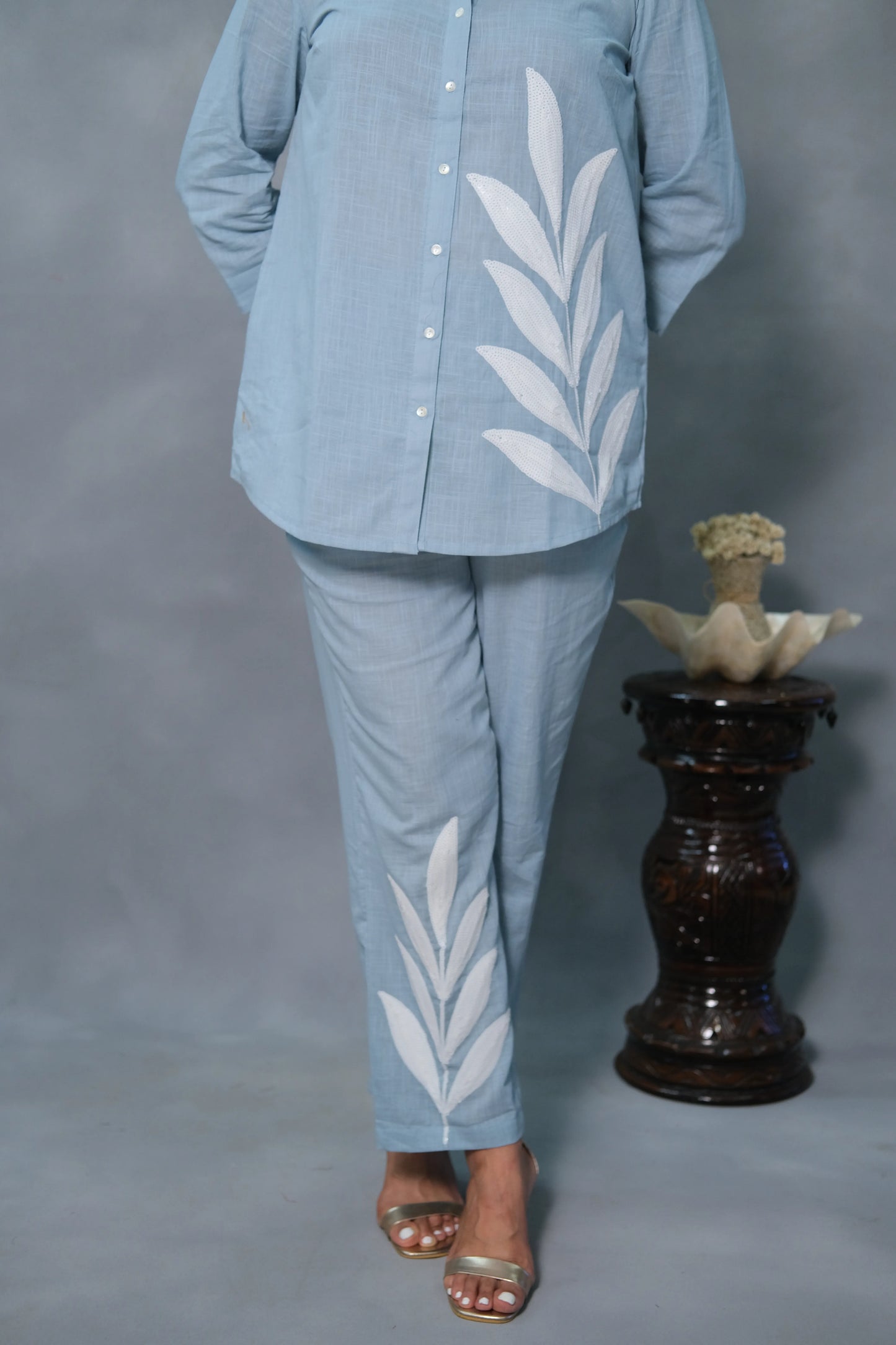 Powder Blue Co-Ord Set with White Sequins Work | Slub Cotton