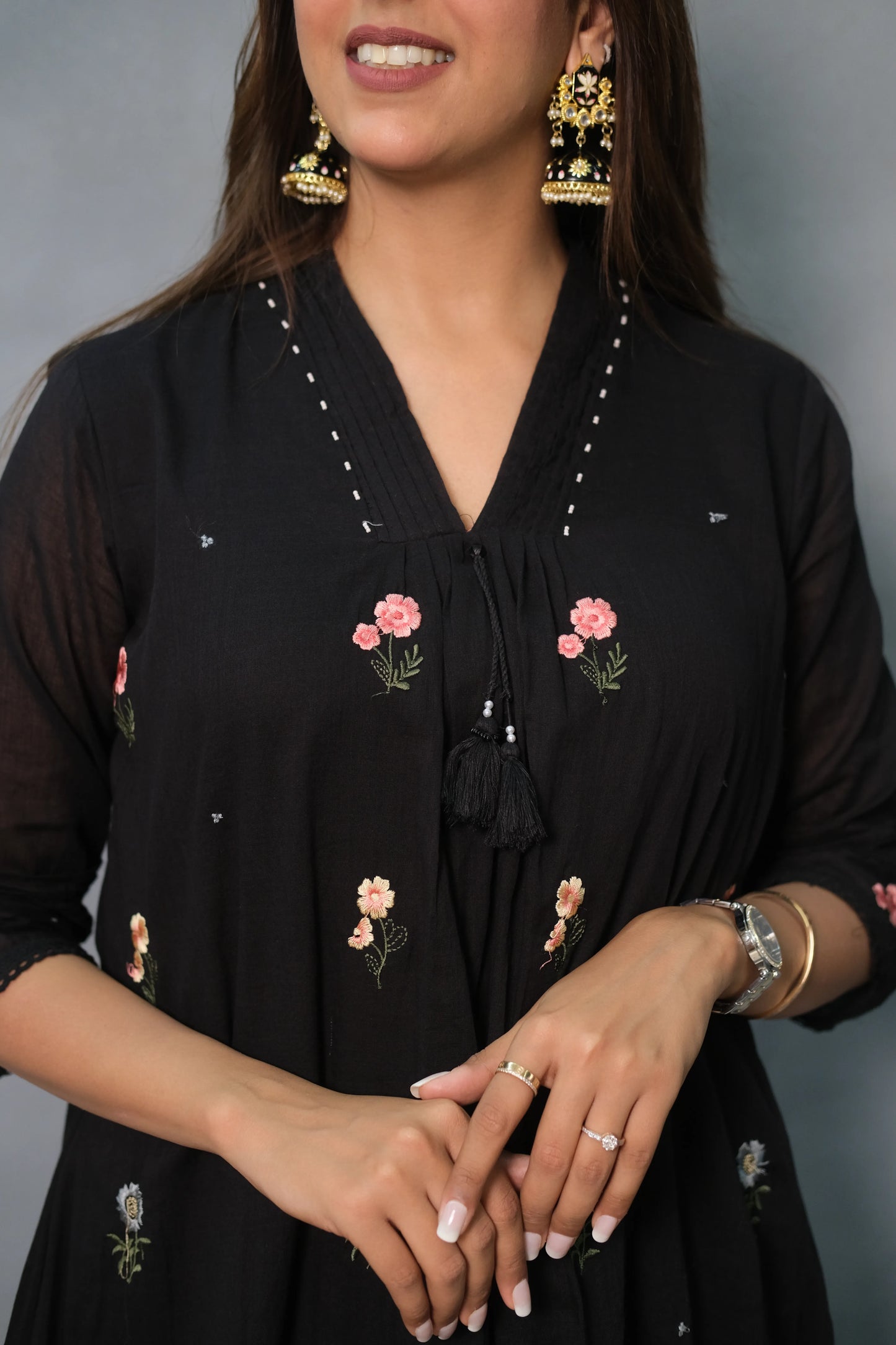 Black Dupatta Set with Small Motif Embroidery & Lining | Mul Cotton