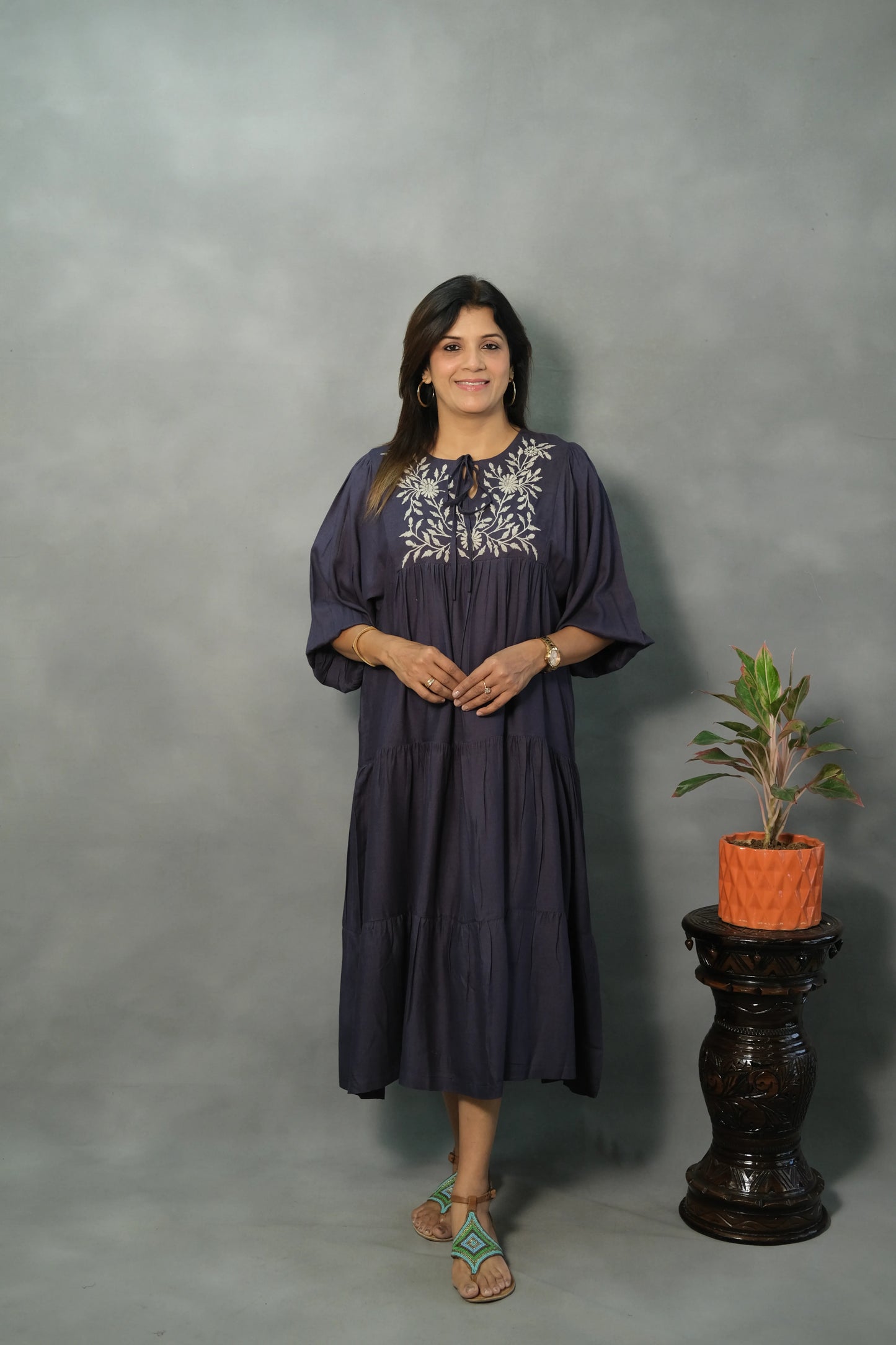 Blue Oversized Embroidered One Piece Dress | Slub Cotton