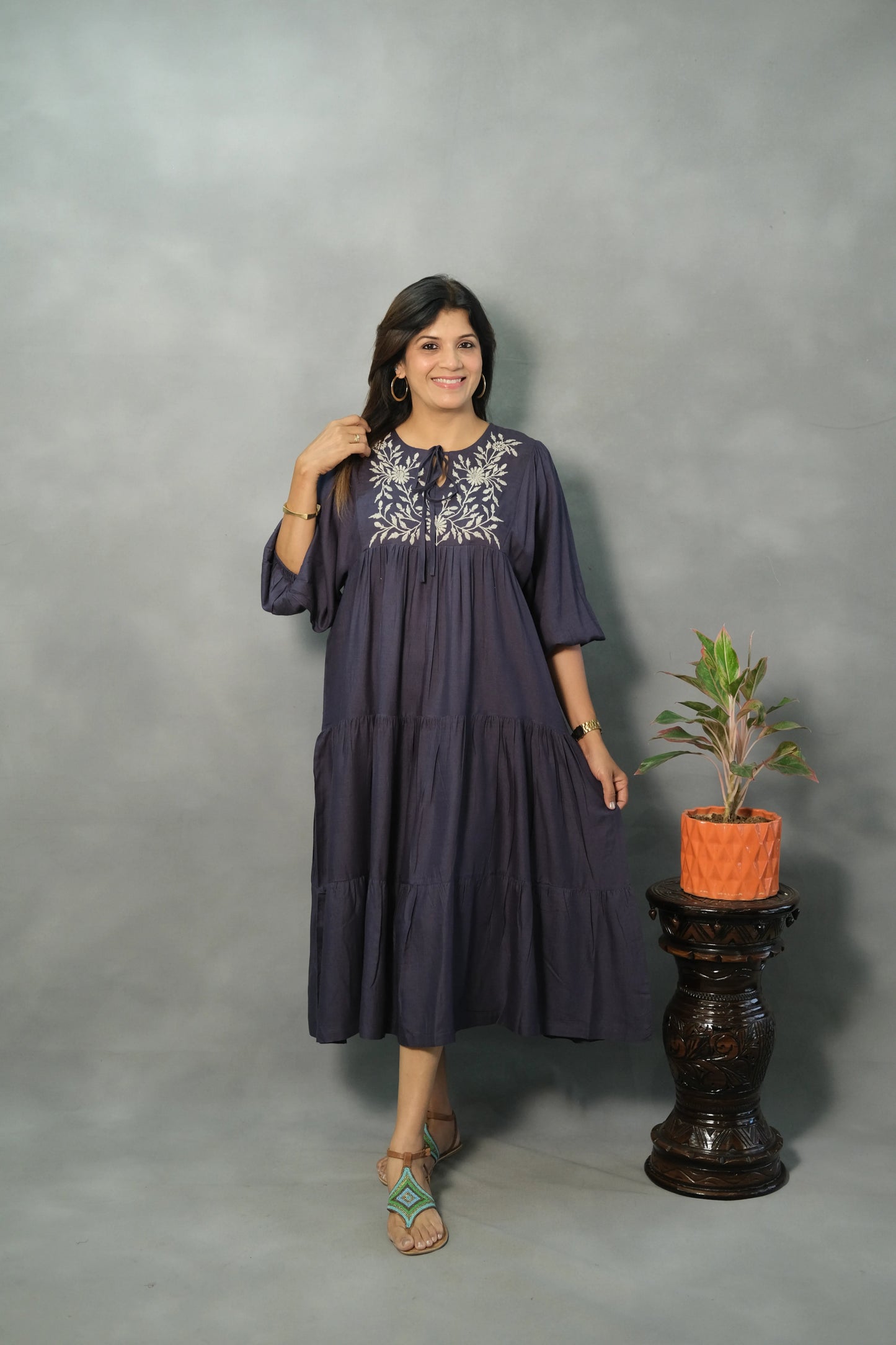 Blue Oversized Embroidered One Piece Dress | Slub Cotton
