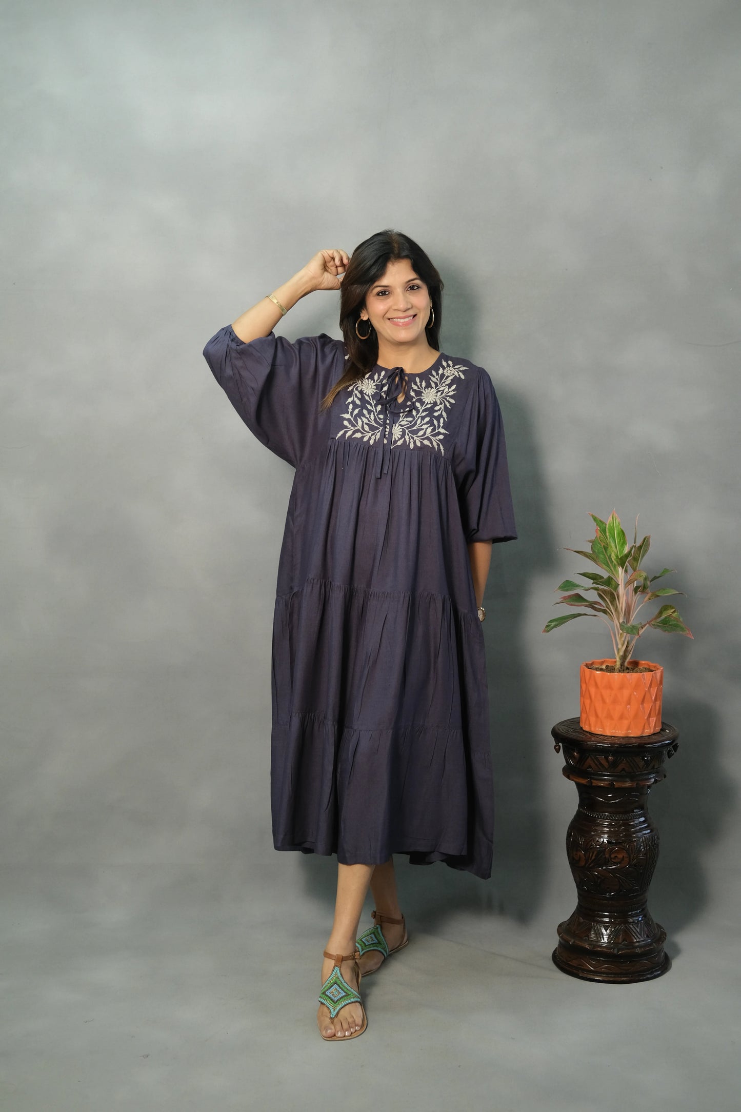 Blue Oversized Embroidered One Piece Dress | Slub Cotton