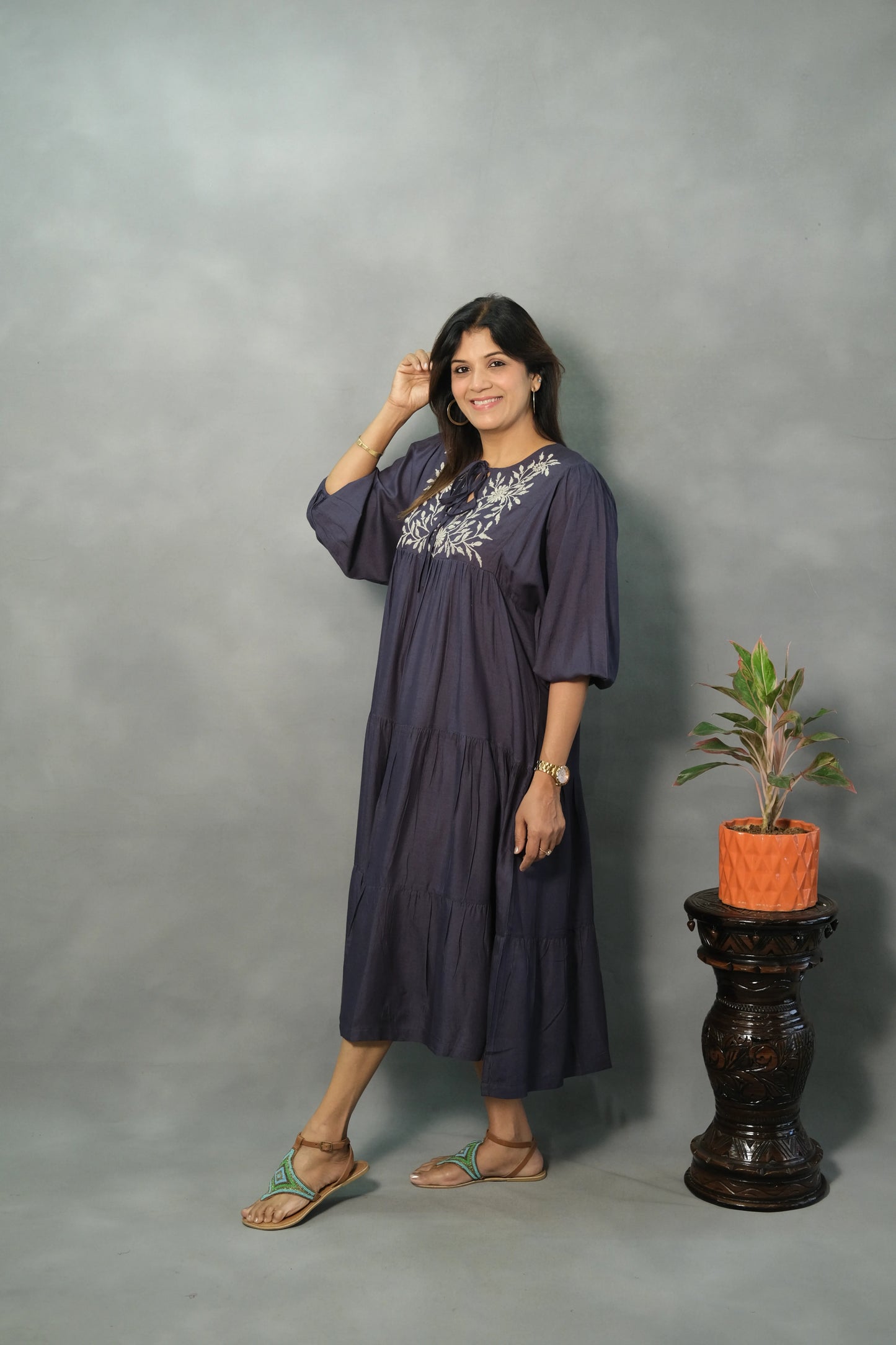 Blue Oversized Embroidered One Piece Dress | Slub Cotton