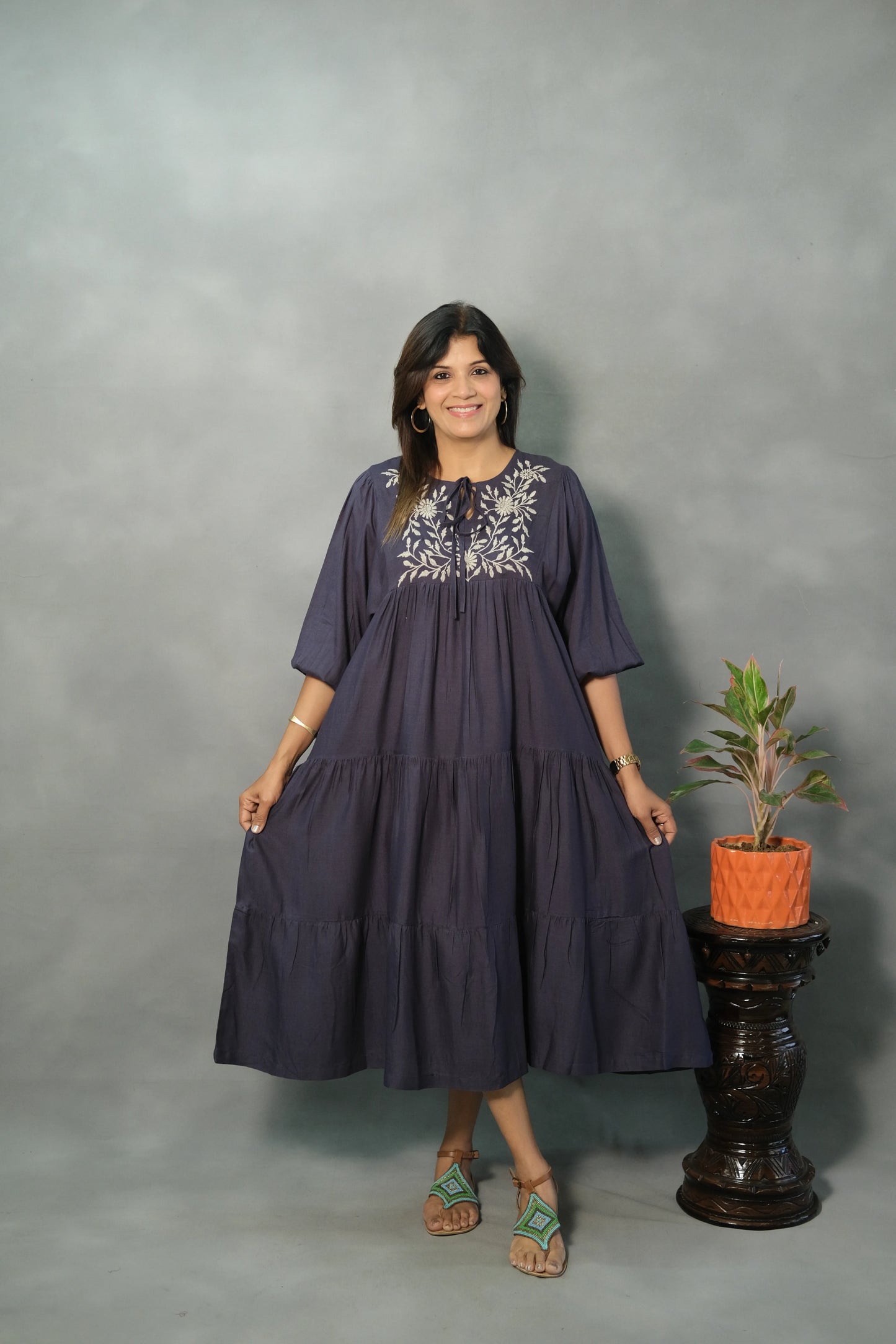 Blue Oversized Embroidered One Piece Dress | Slub Cotton