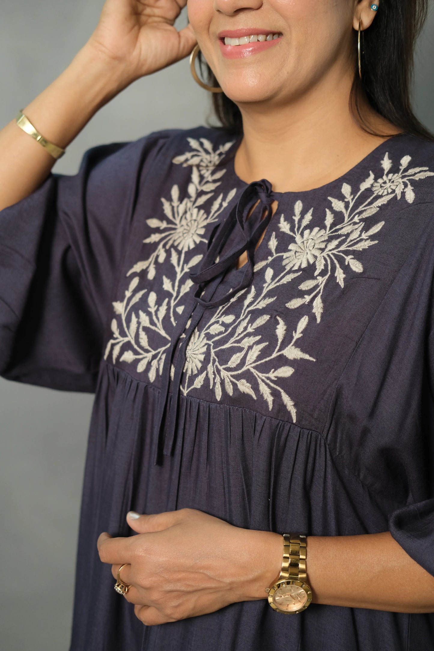 Blue Oversized Embroidered One Piece Dress | Slub Cotton