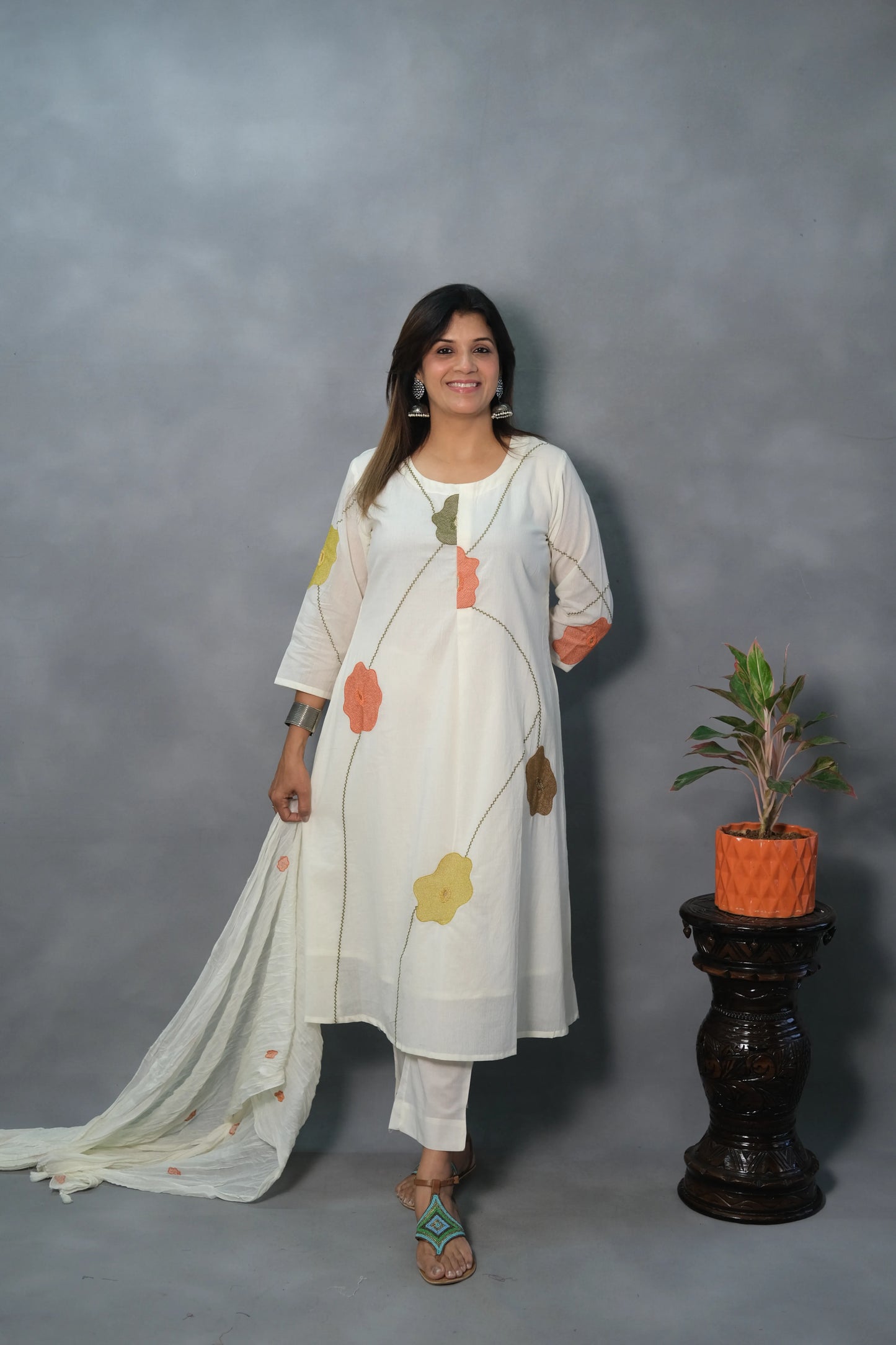 White Embroidered Mul Cotton Dupatta Set