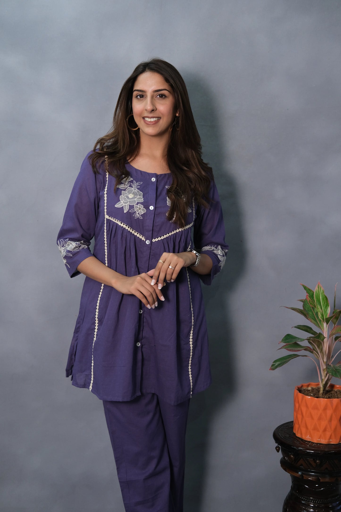 Purple Embroidered Co-ord Set | Mul Cotton