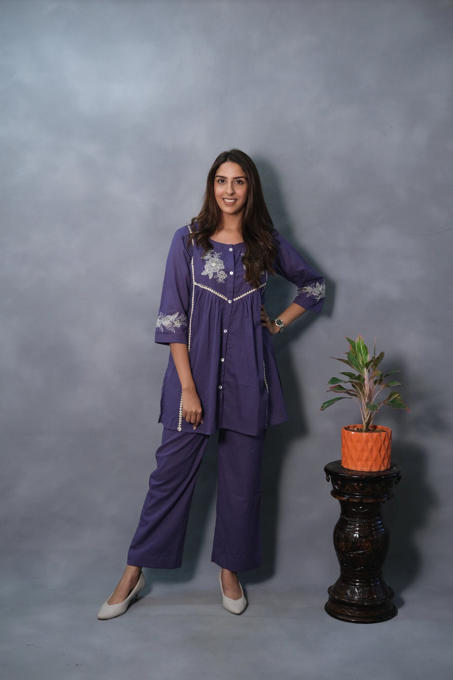 Purple Embroidered Co-ord Set | Mul Cotton