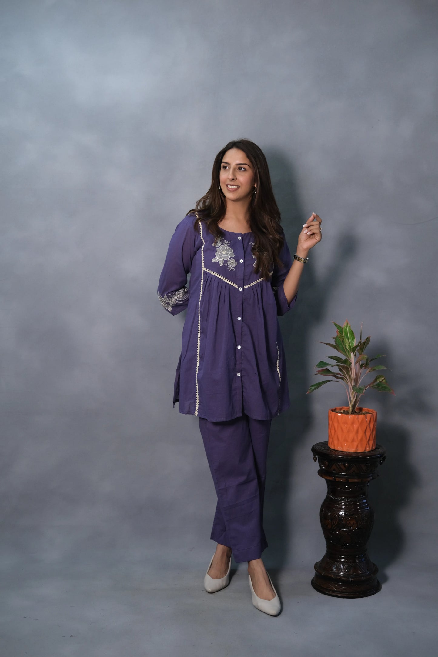 Purple Embroidered Co-ord Set | Mul Cotton