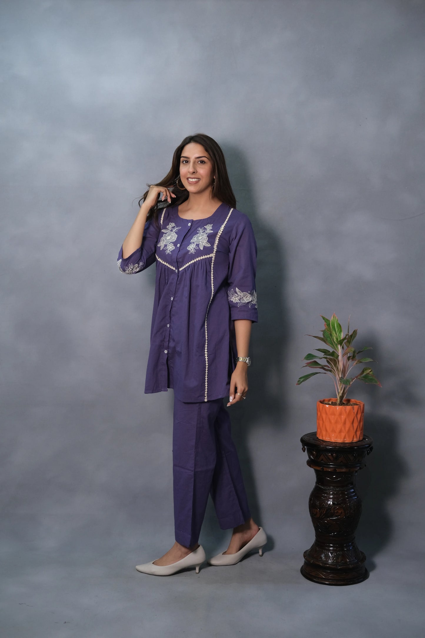 Purple Embroidered Co-ord Set | Mul Cotton