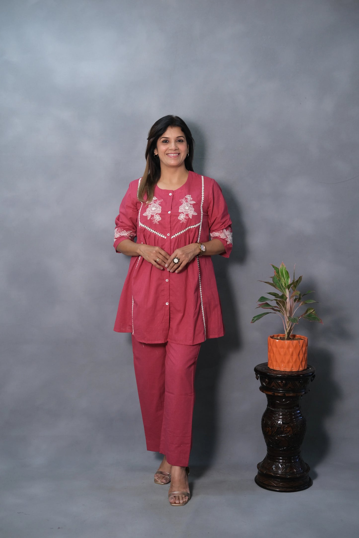 Pink Embroidered Co-ord Set | Mul Cotton