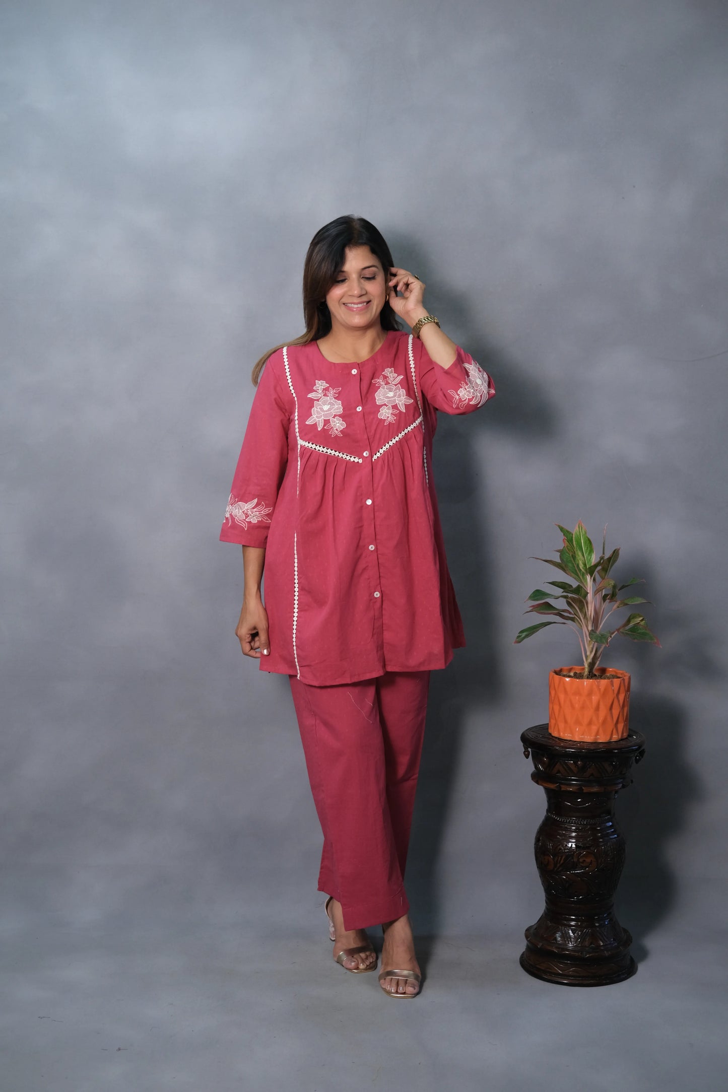 Pink Embroidered Co-ord Set | Mul Cotton